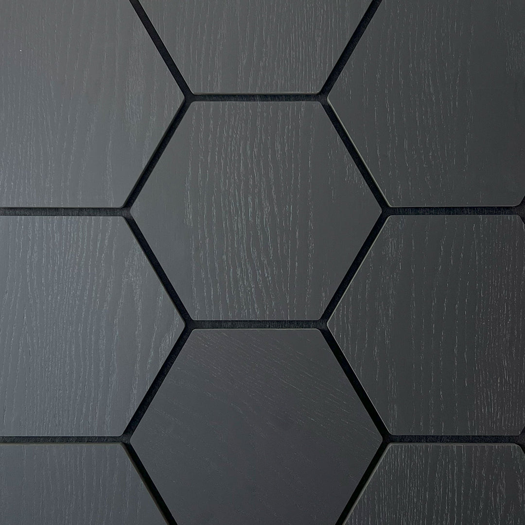 Black Hexagon Acoustic Wall Panel 81cm Real Wood Veneer Aku Woodpanel UK