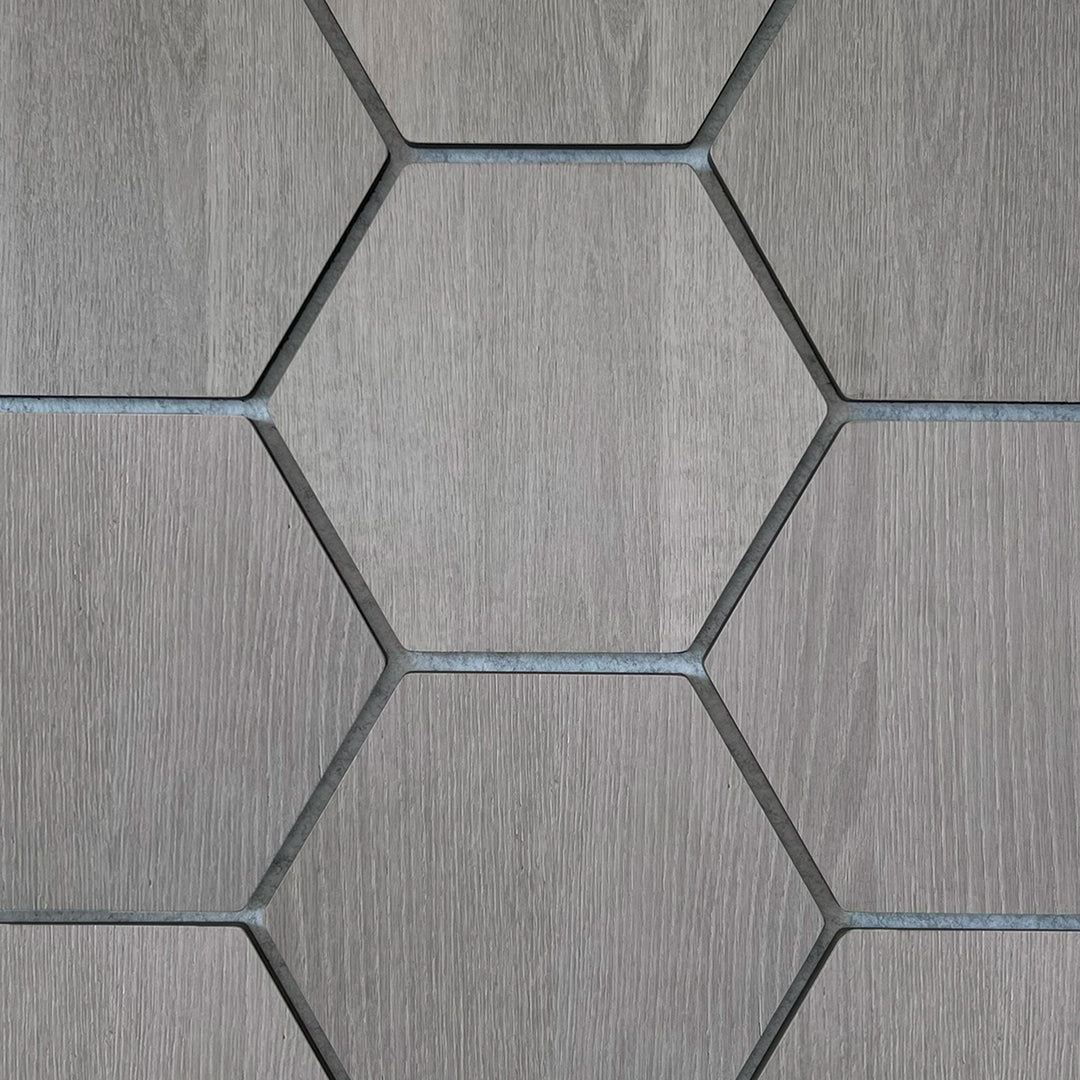 Grey Walnut Grey Felt Hexagon Acoustic Wall Panel 81cm Aku Woodpanel UK
