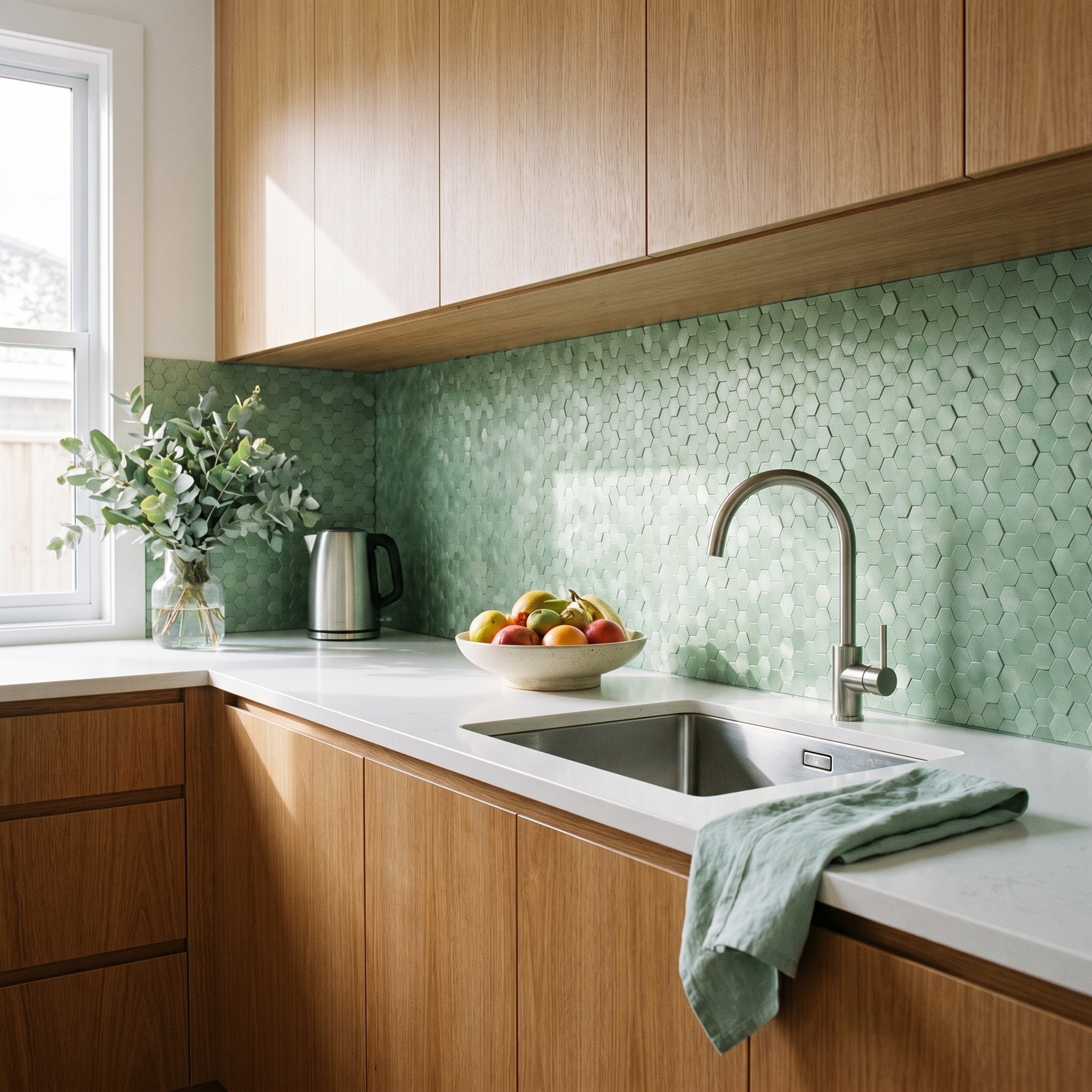 Mini Hexagon 3D Pastel Green Peel & Stick Splashback | 29.8×30.7 cm | Self-Adhesive Mosaic Tile