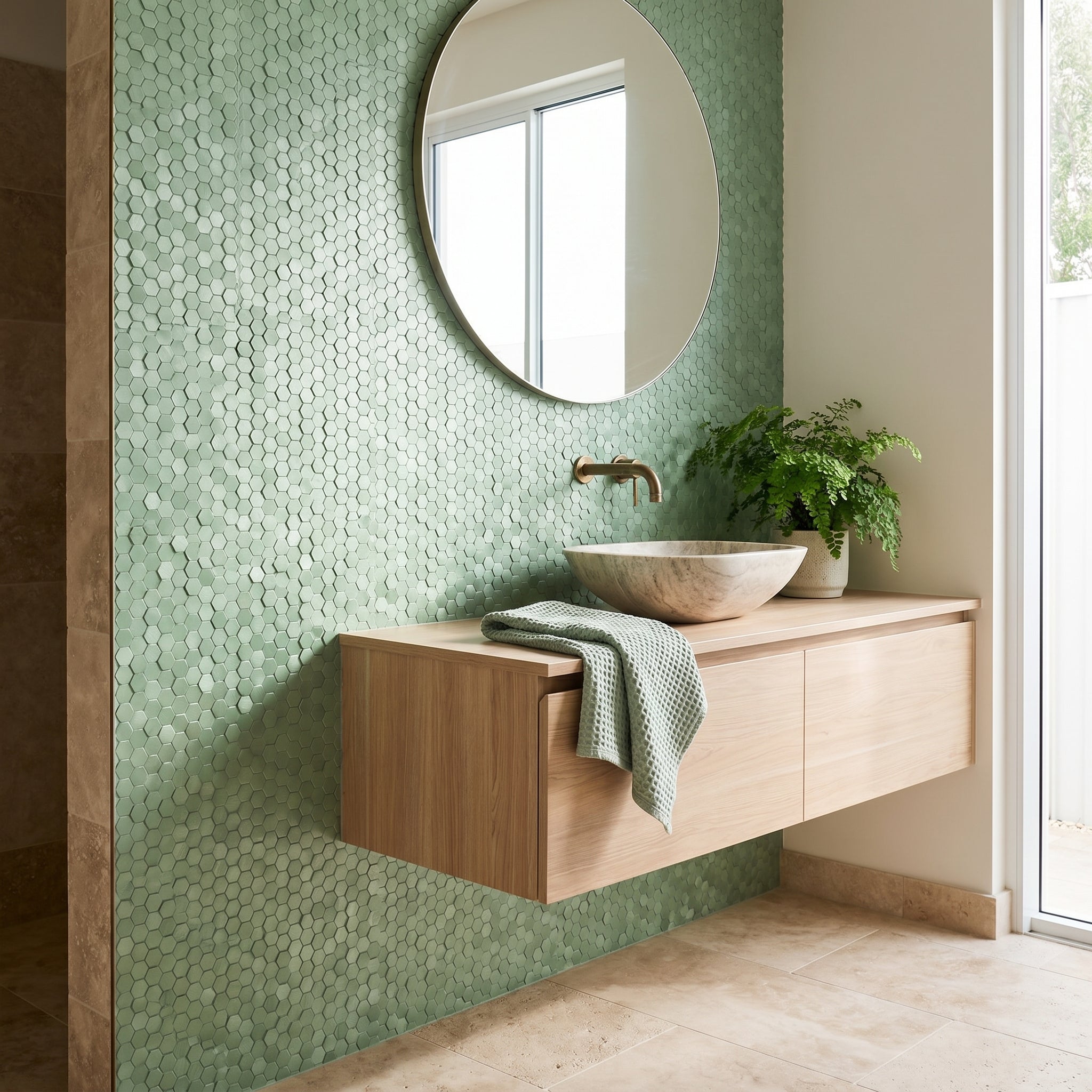 Mini Hexagon 3D Pastel Green Peel & Stick Splashback | 29.8×30.7 cm | Self-Adhesive Mosaic Tile