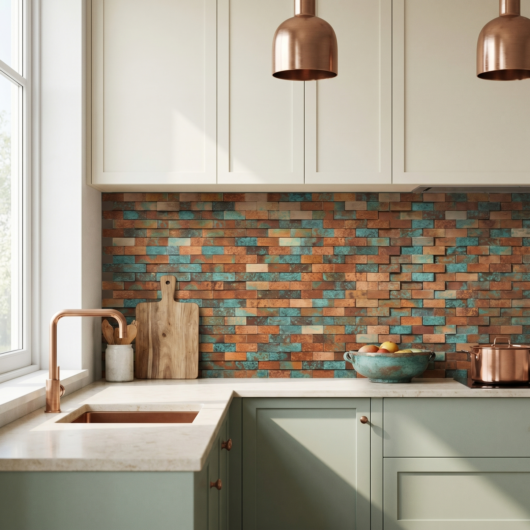 Brick 3D Patina Copper Peel & Stick Splashback | 30×29.8 cm | Self-Adhesive Mosaic Tile
