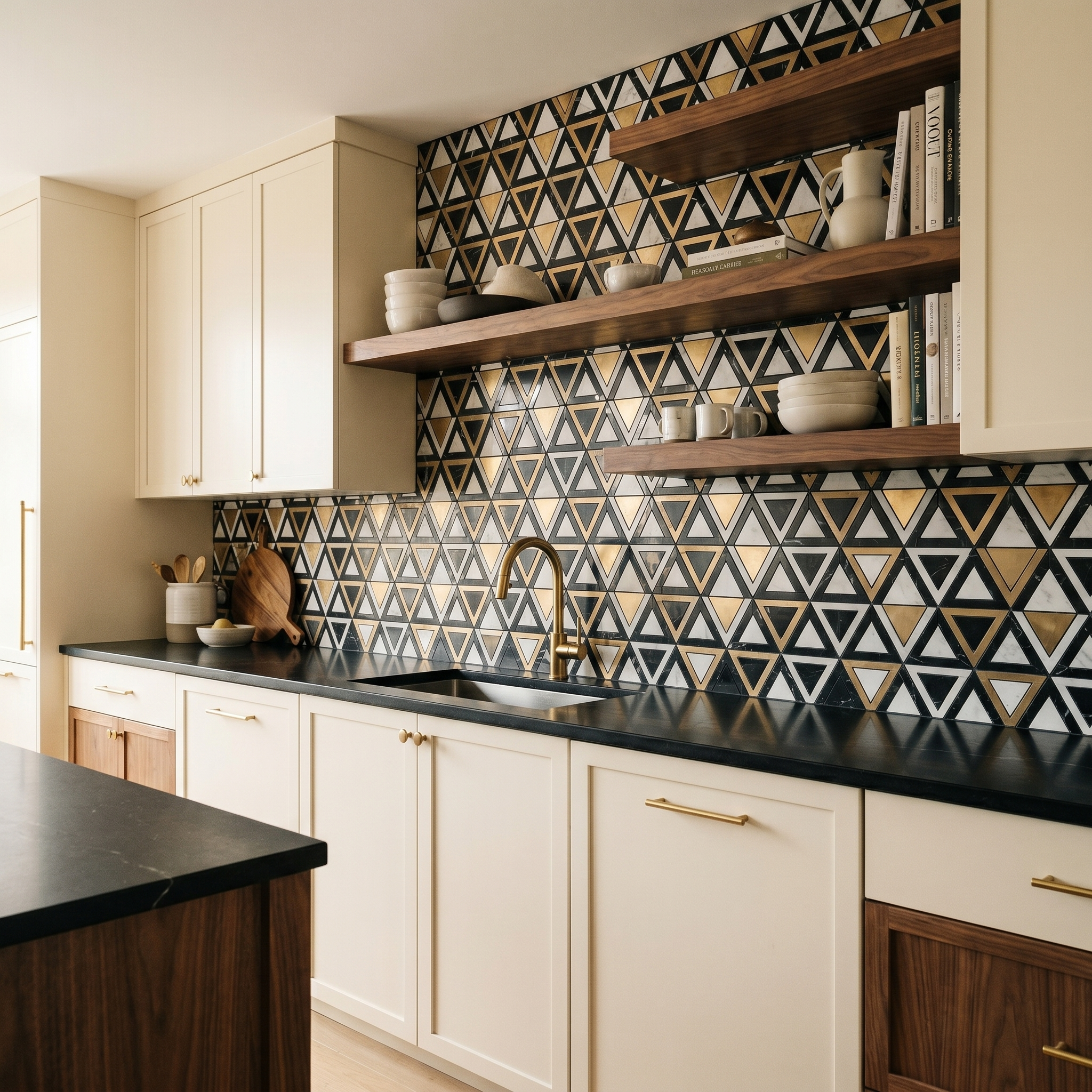 Triangle Black White-Gold Peel & Stick Splashback | 28.7×33.1 cm | Self-Adhesive Mosaic Tile