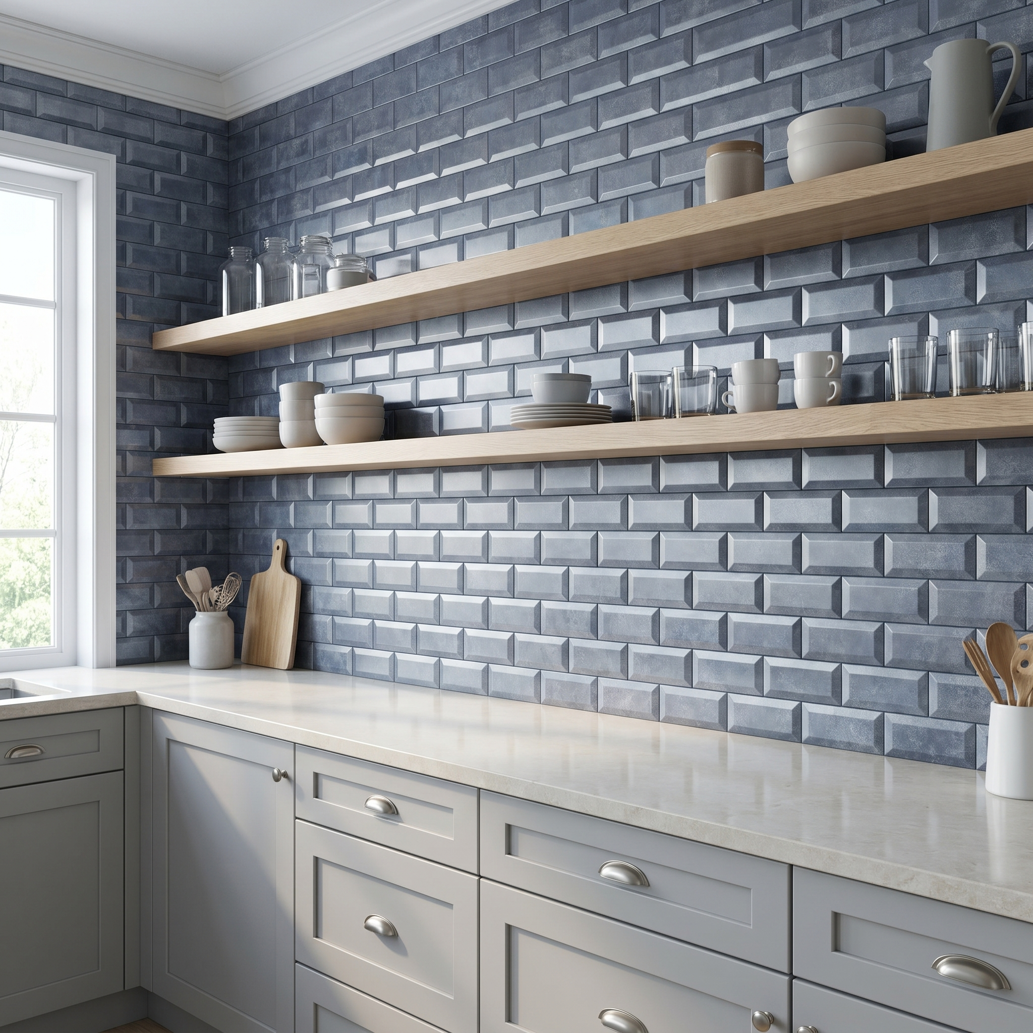 Subway 3D Blue-Gray Peel & Stick Splashback | 30.5×30.5 cm | Self-Adhesive Mosaic Tile