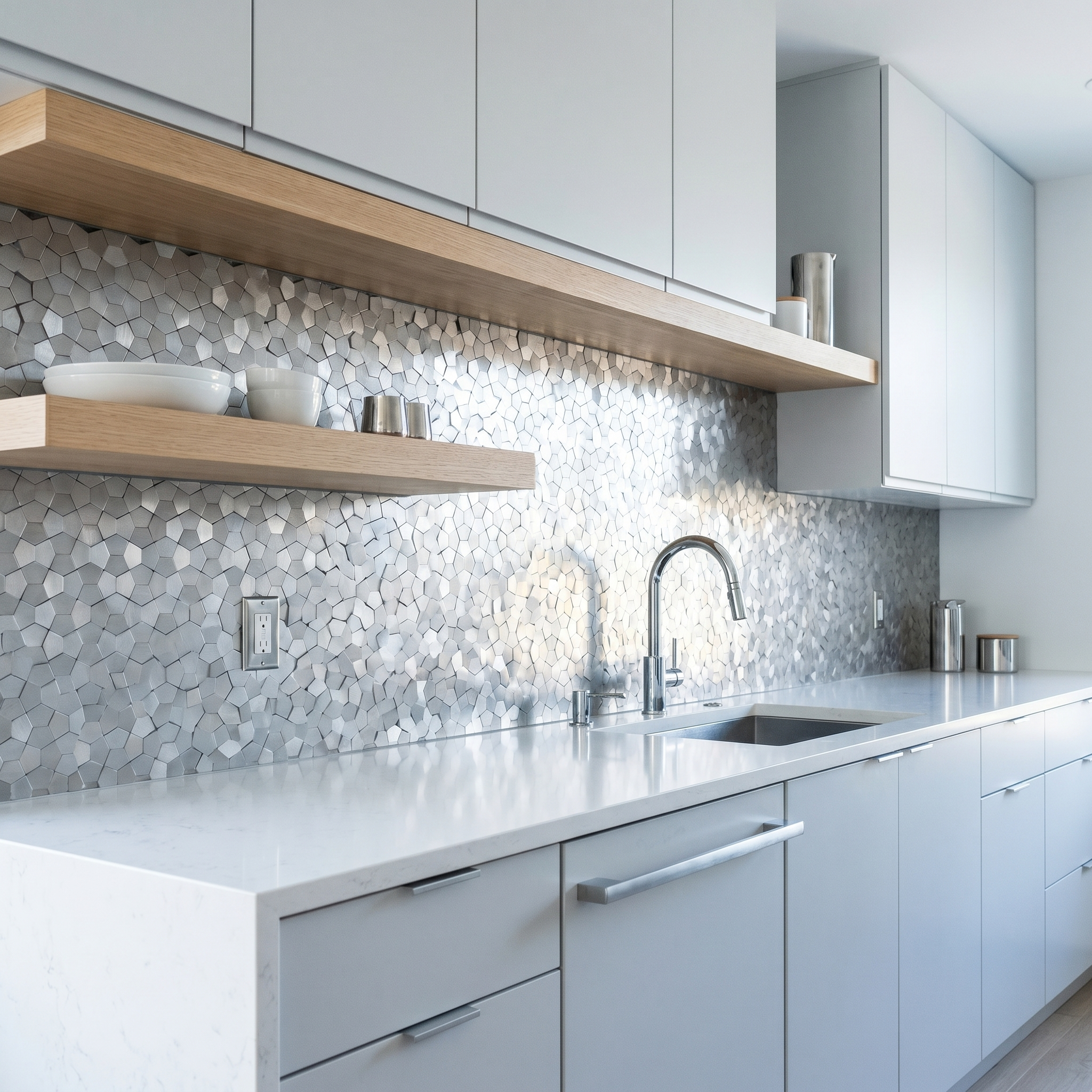 Pentagon 3D Silver Peel & Stick Splashback | 28.2×28.2 cm | Self-Adhesive Mosaic Tile