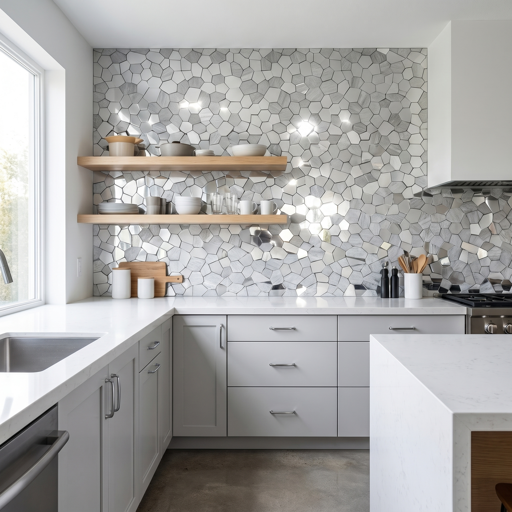 Polygon Silver Peel & Stick Splashback | 30×26.2 cm | Self-Adhesive Mosaic Tile