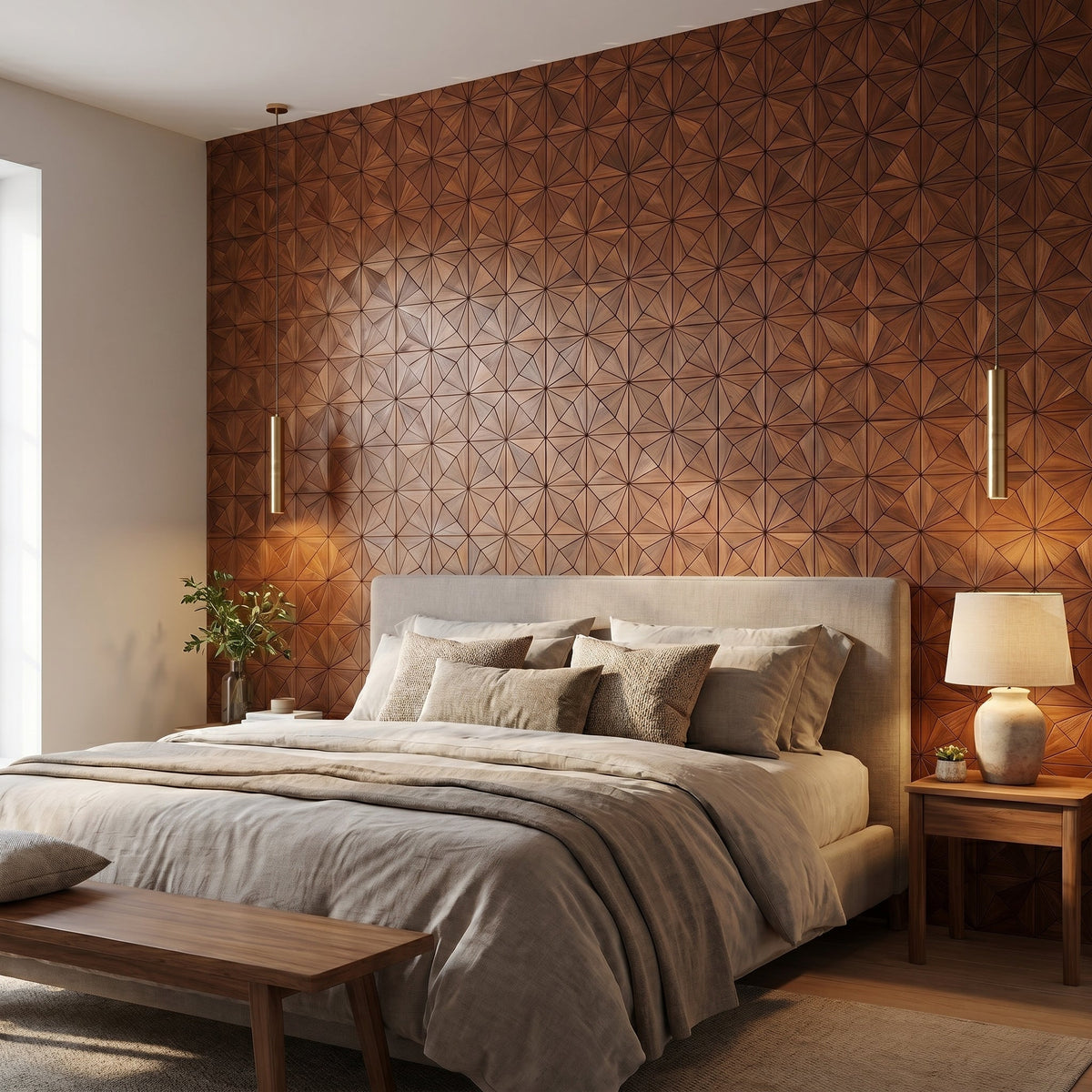 Nolan Brown decorative wall panel behind the bed in a bedroom