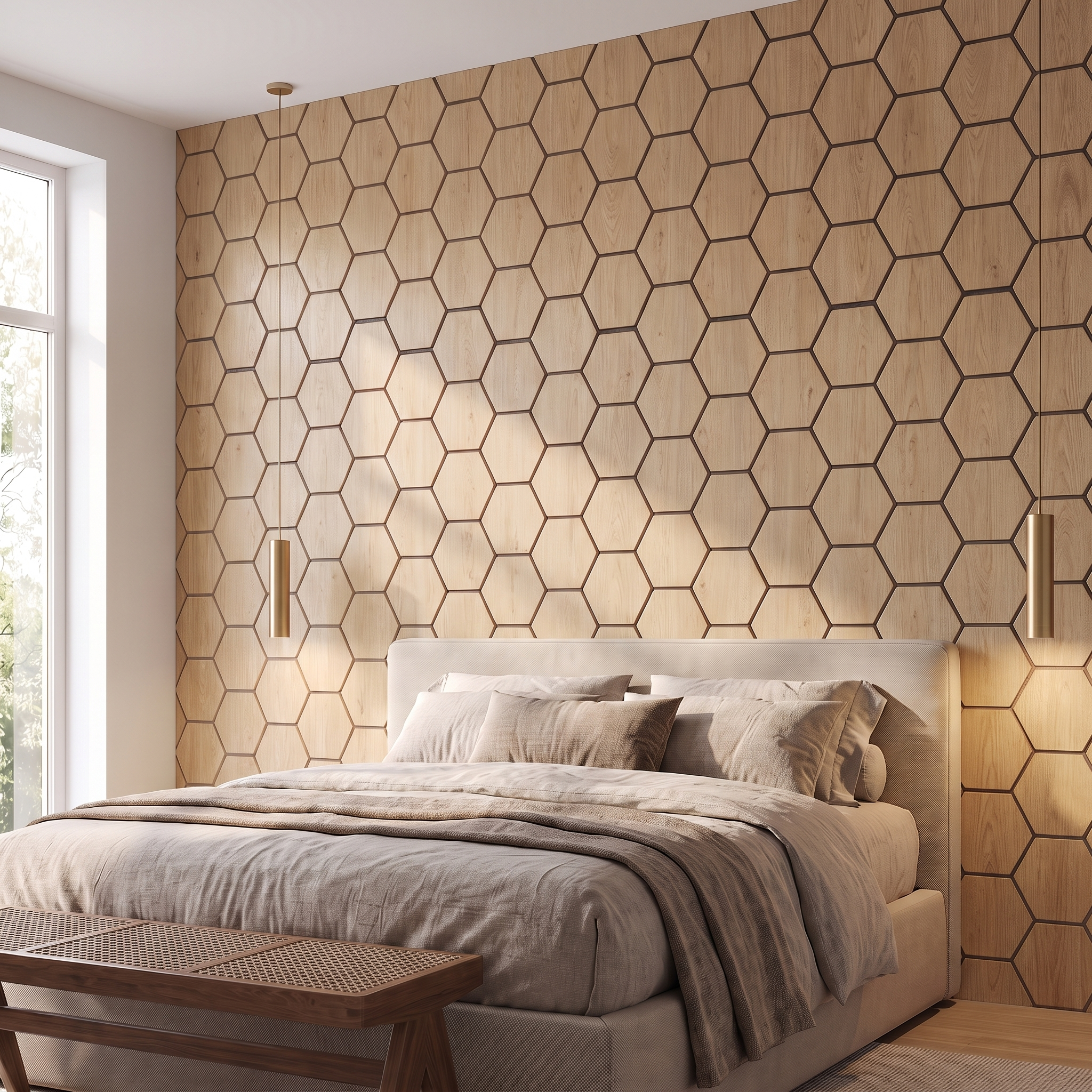 Hexagon natural oak acoustic wall panel behind the bed in a bedroom