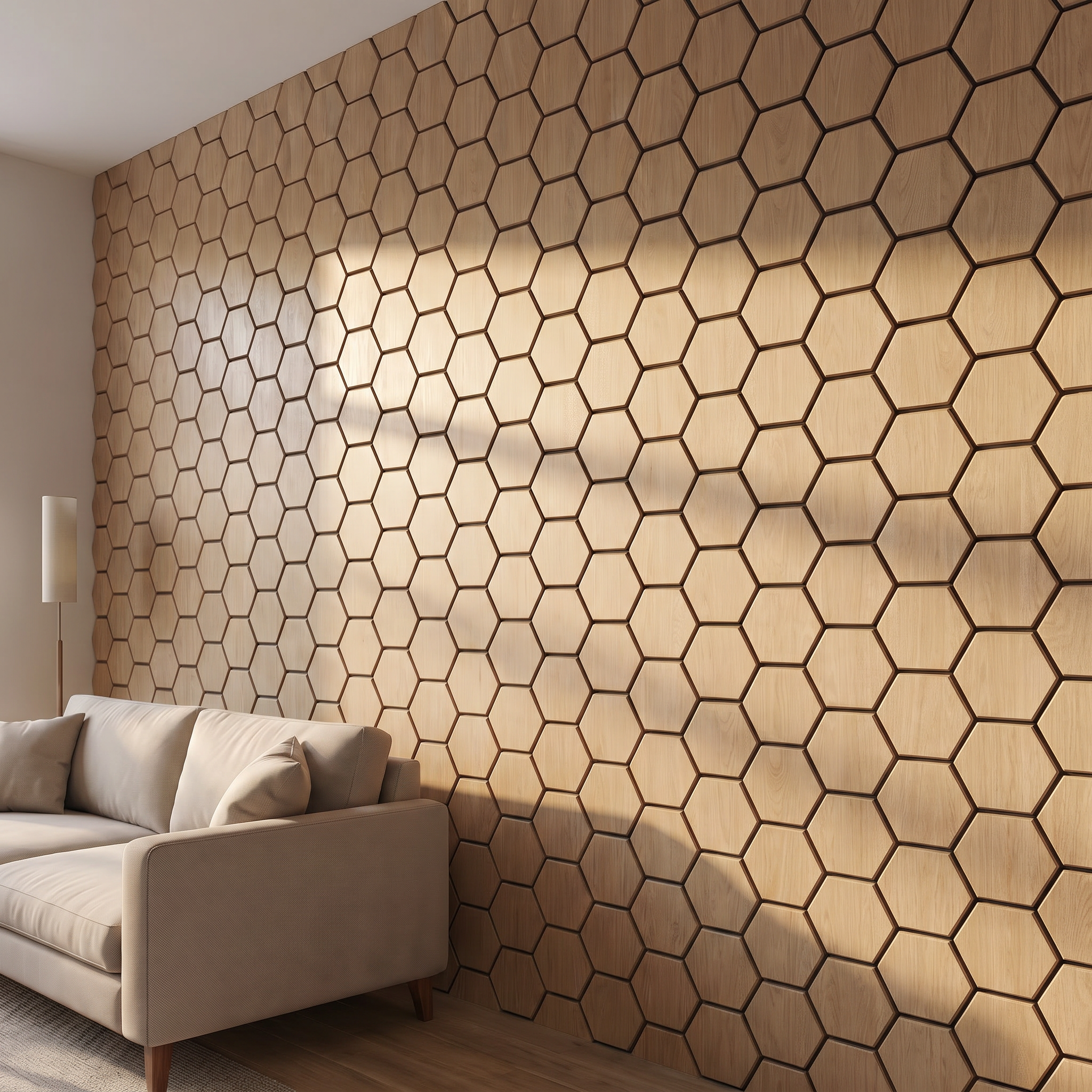 Hexagon natural oak wall panel side view showing 3D depth