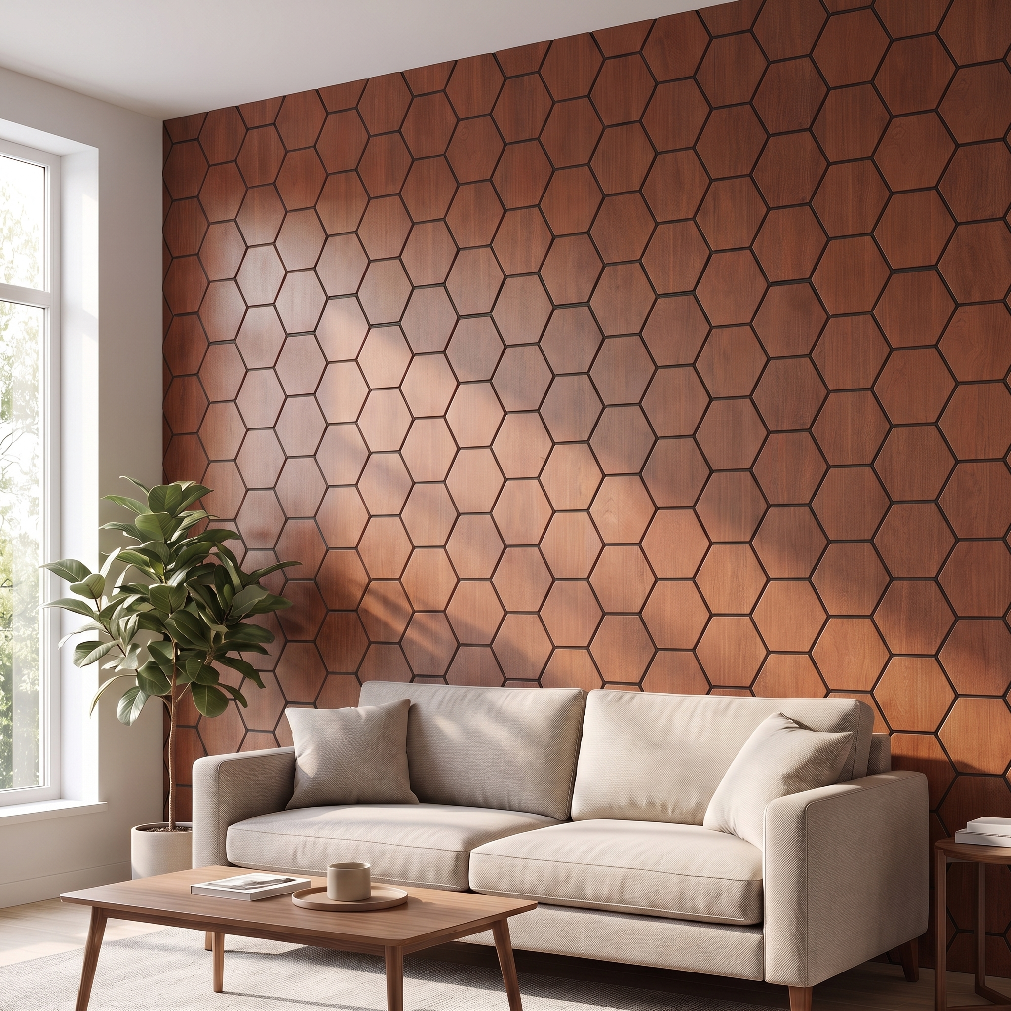Hexagon smoked oak wall panel in a living room
