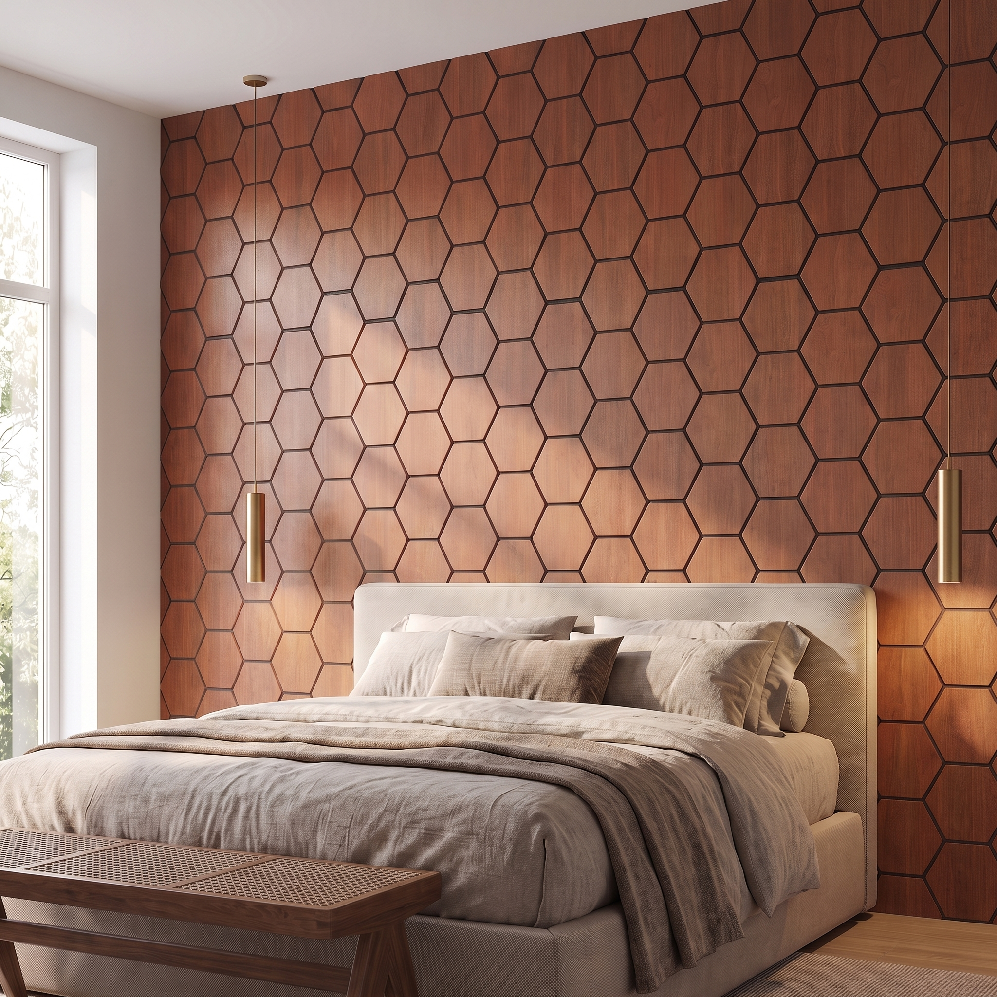 Hexagon smoked oak wall panel behind the bed in a bedroom