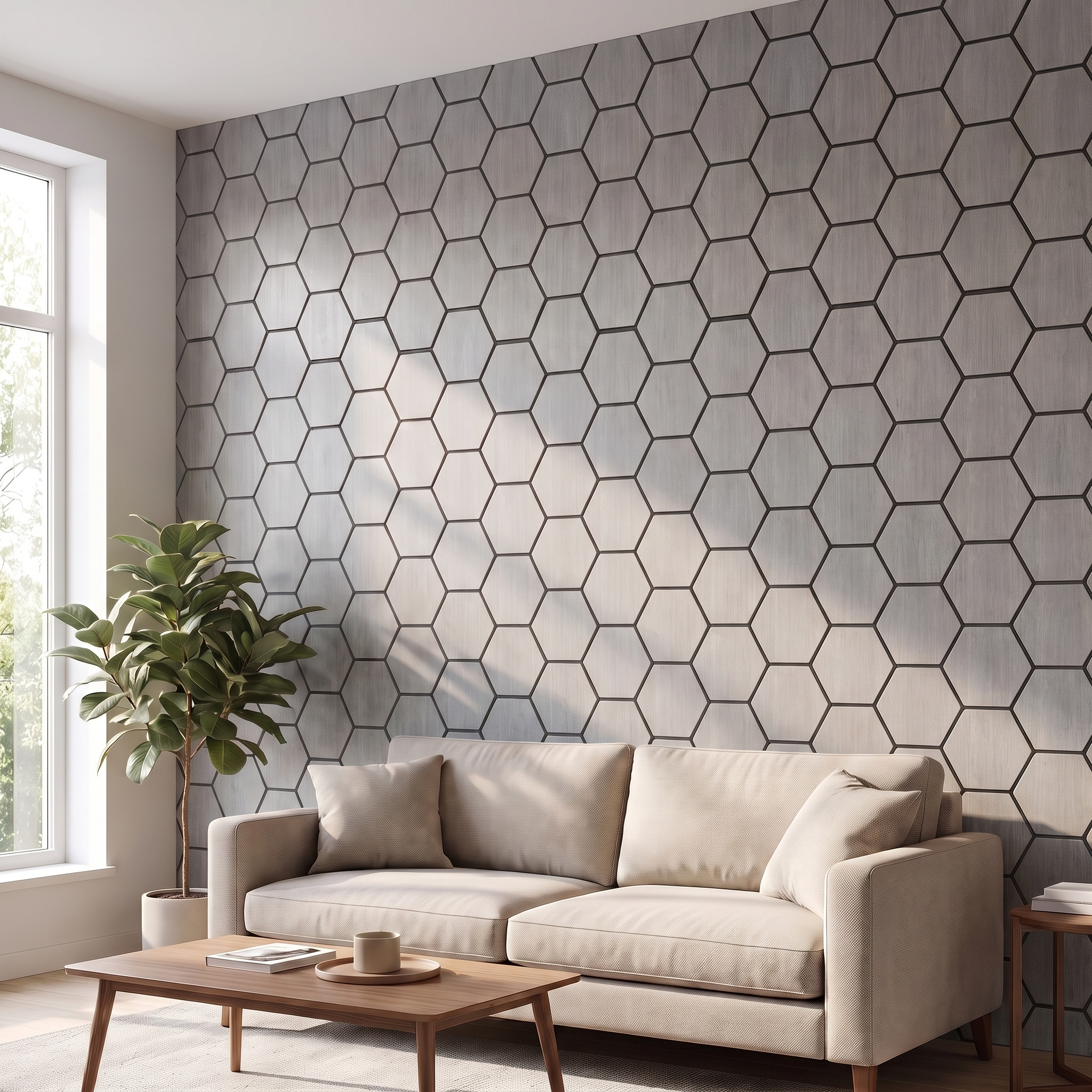 Hexagon grey walnut acoustic wall panel in a living room