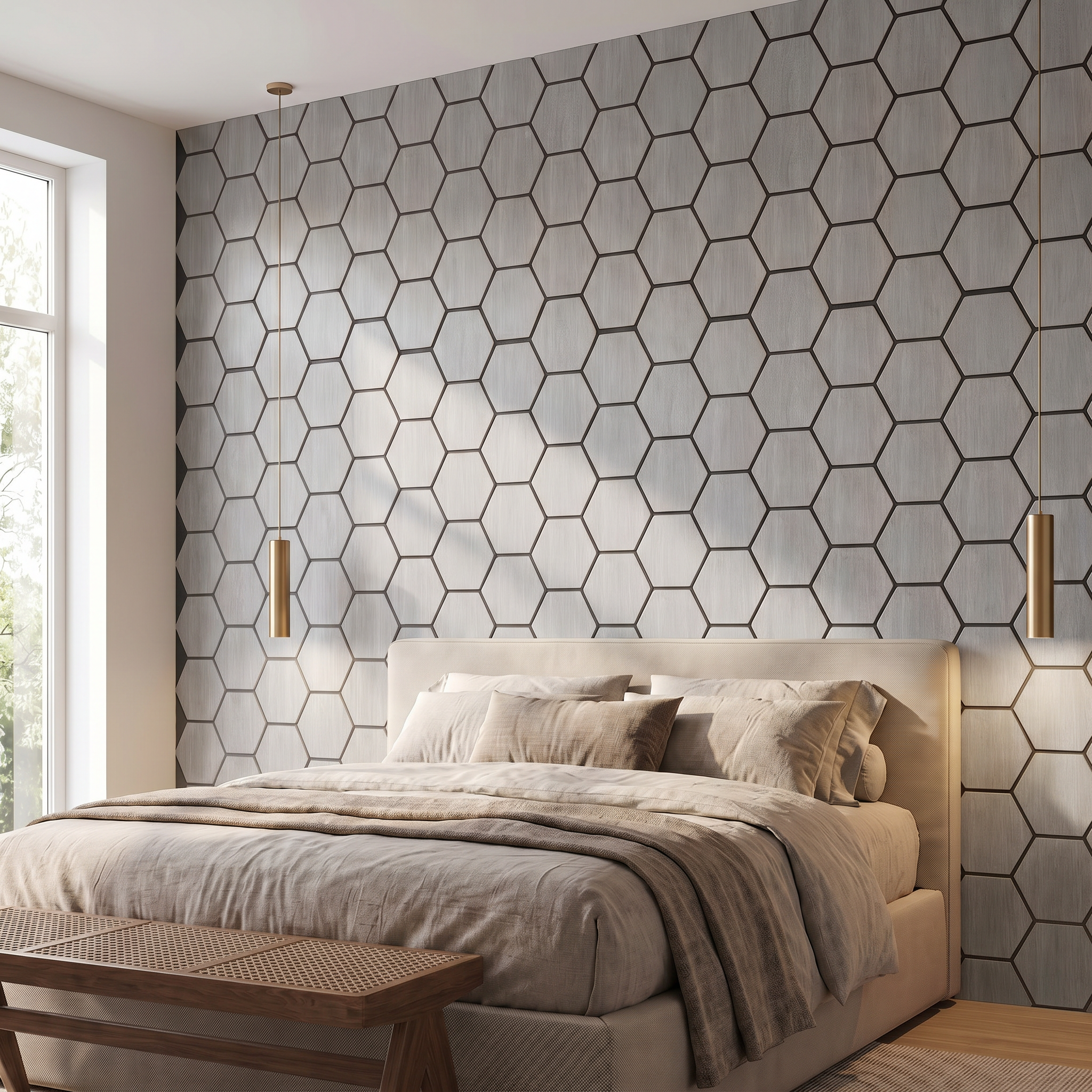 Hexagon grey walnut wall panel behind the bed in a bedroom
