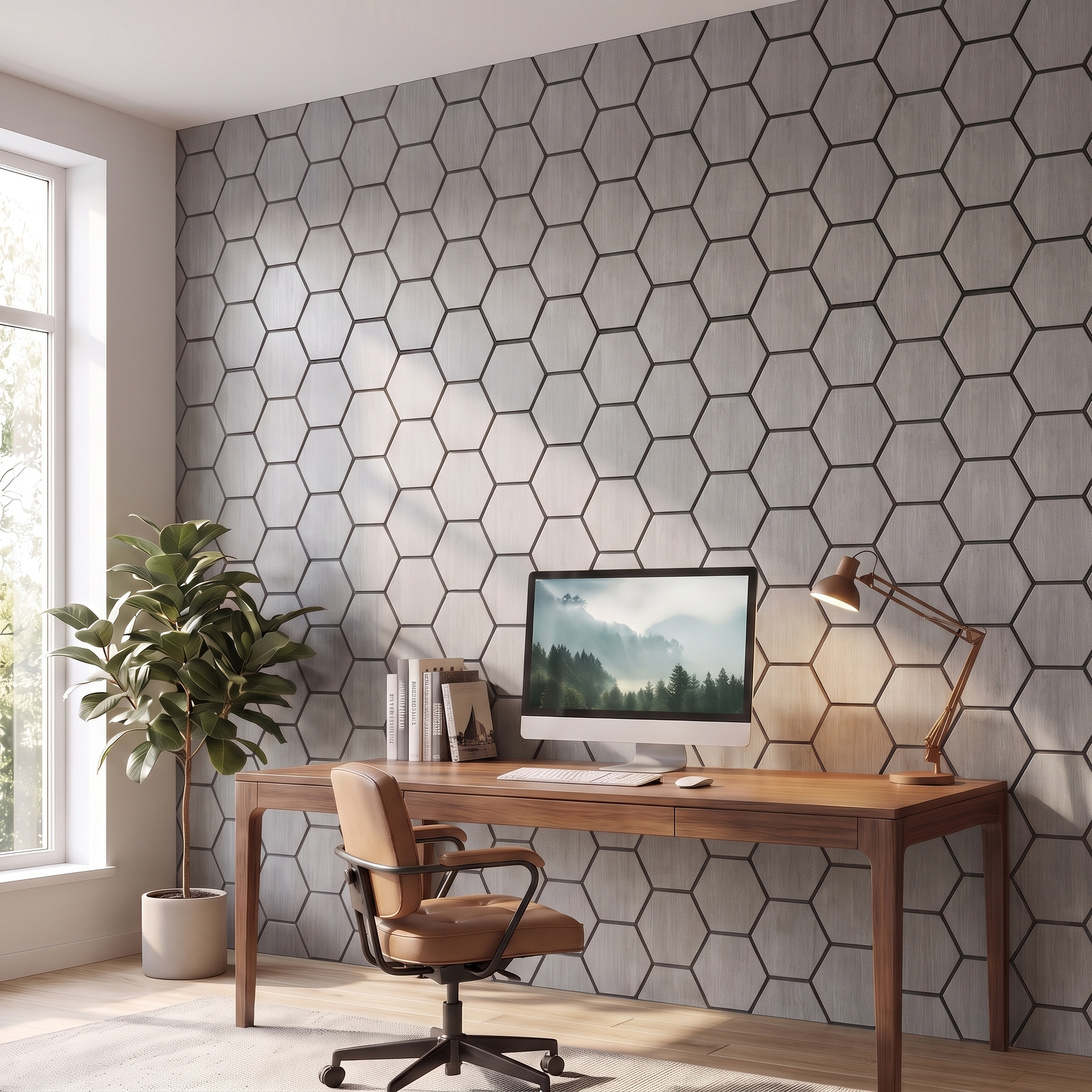 Hexagon grey walnut wall panel in a home office