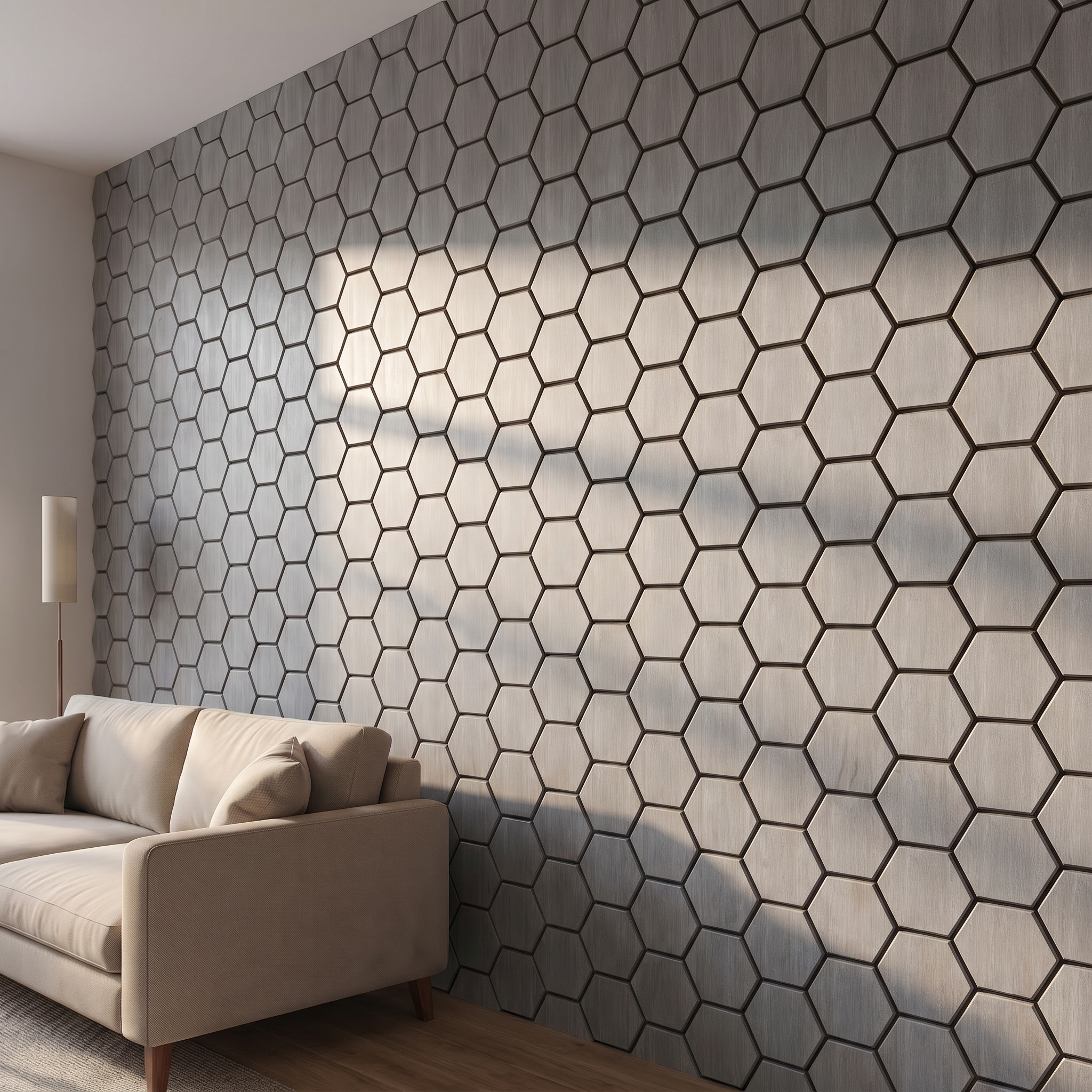 Hexagon grey walnut wall panel side view showing 3D depth