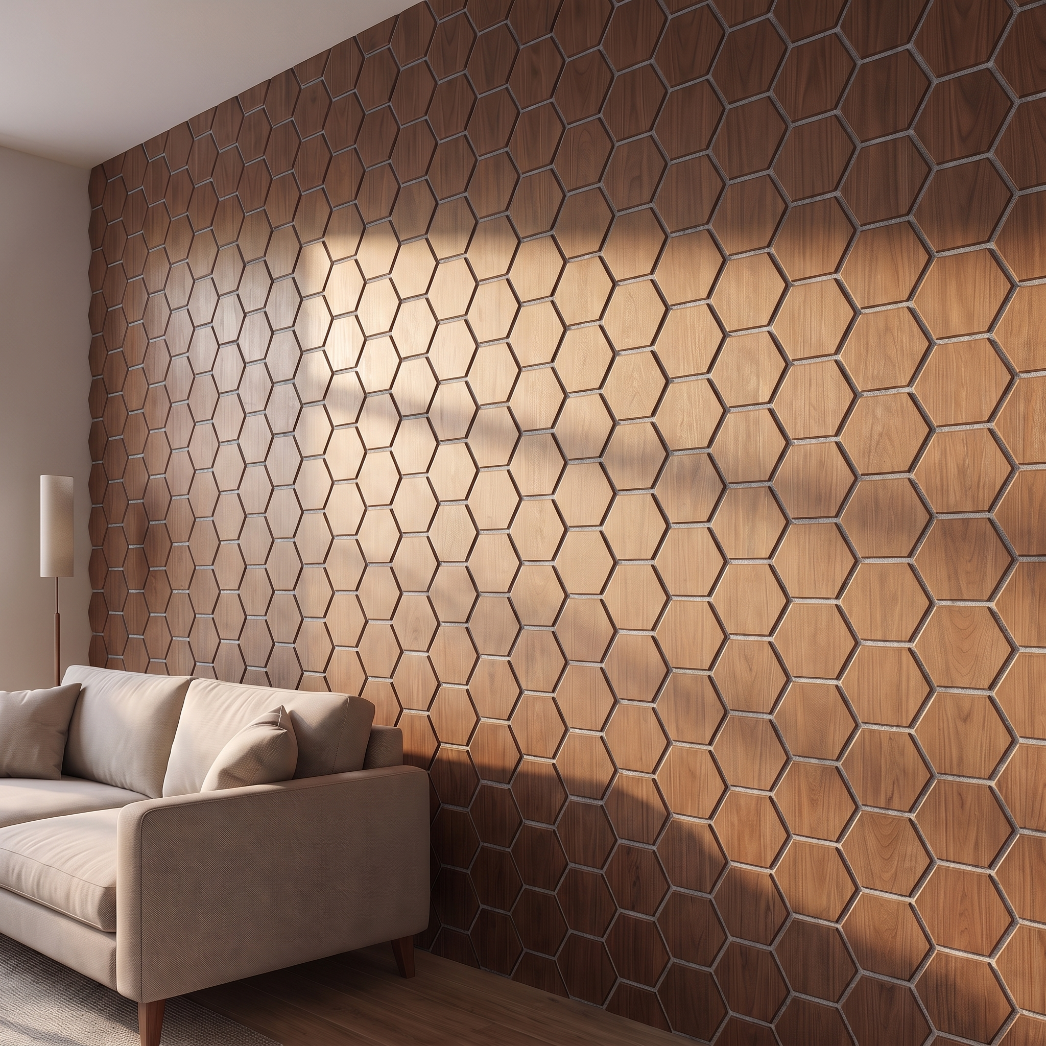 Hexagon walnut with grey felt wall panel side view