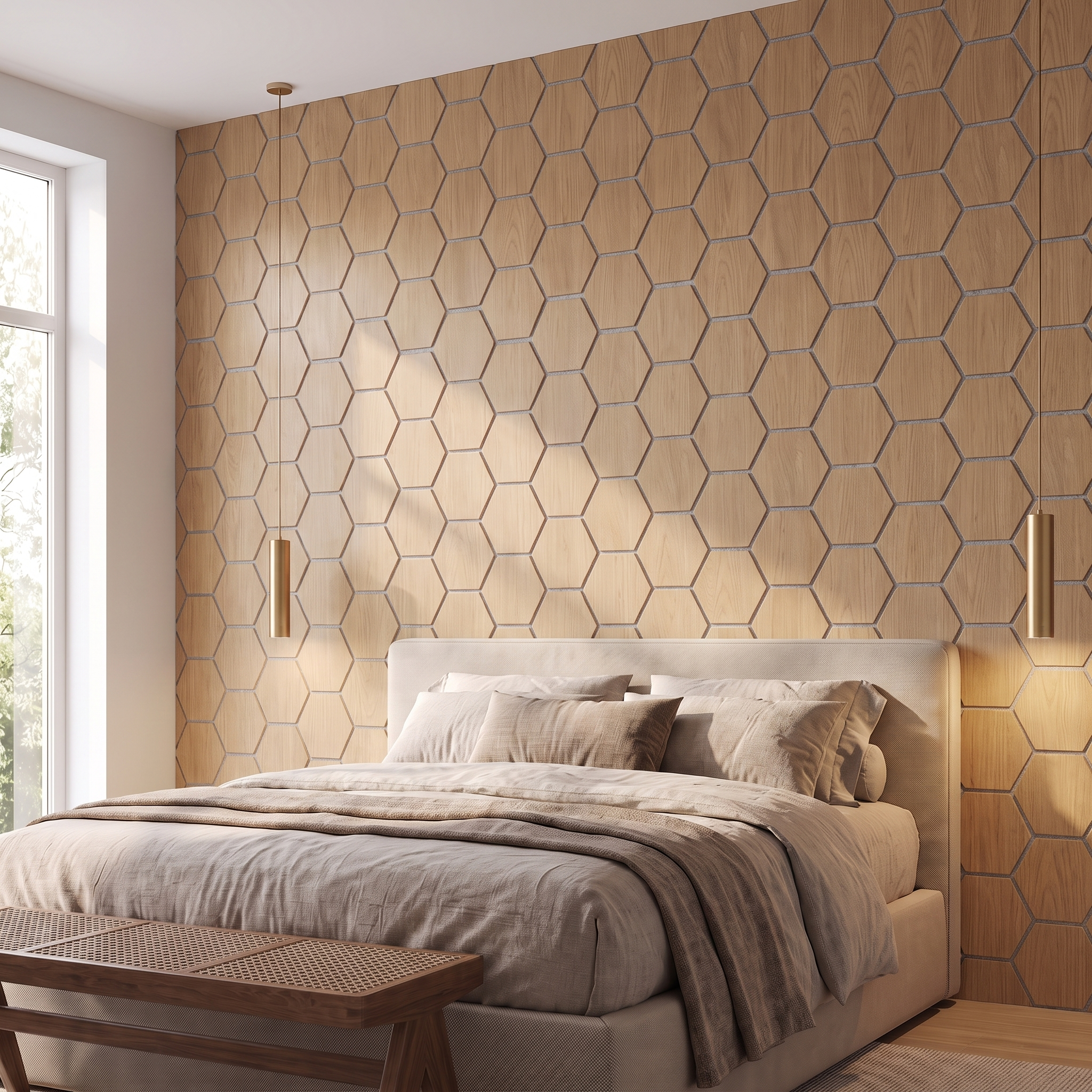 Hexagon natural oak with grey felt wall panel behind the bed in a bedroom