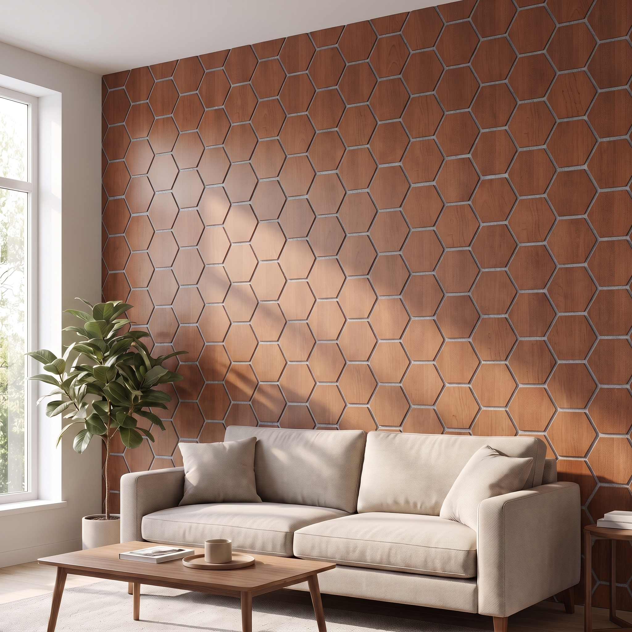 Hexagon smoked oak with grey felt acoustic wall panel in a living room