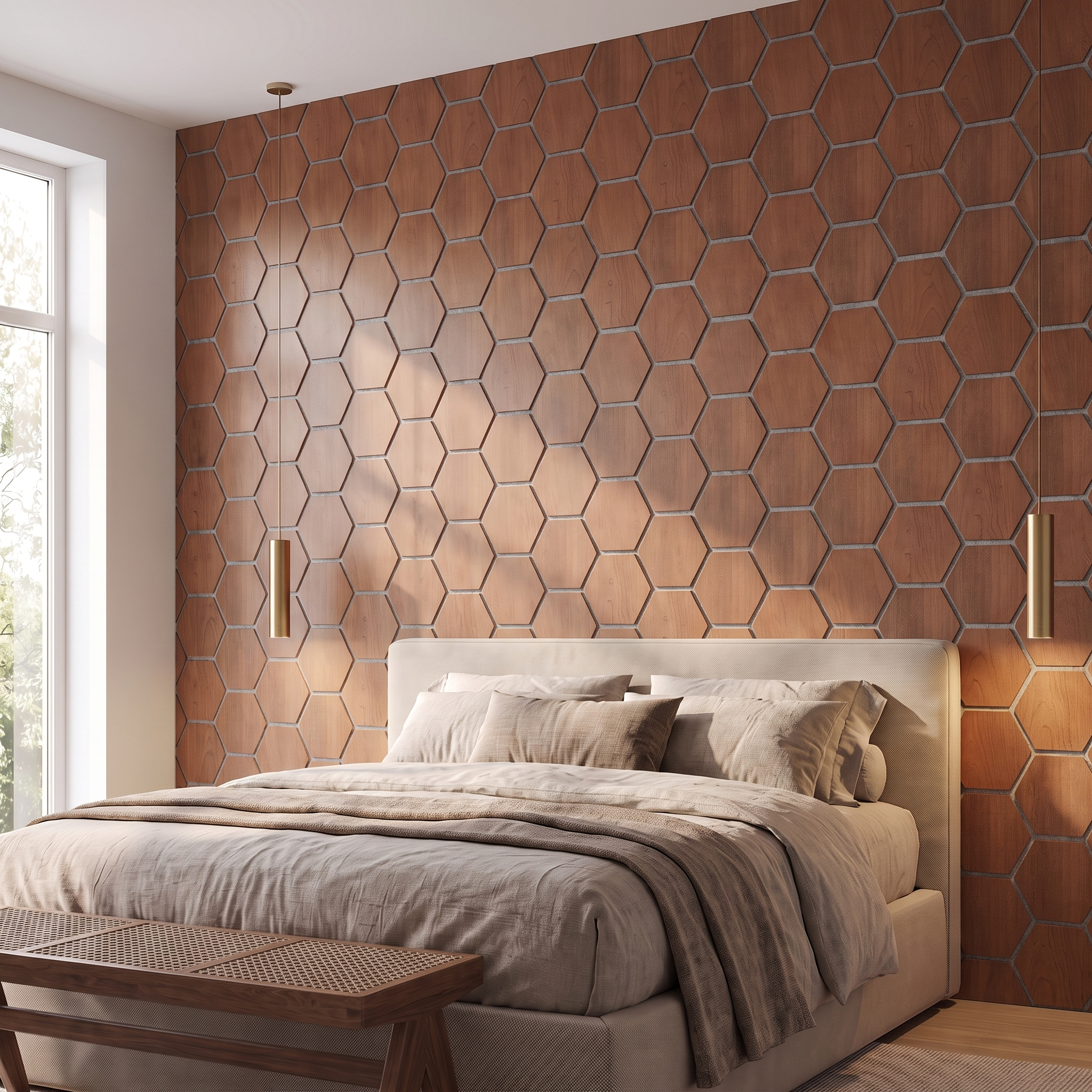 Hexagon smoked oak with grey felt wall panel behind the bed in a bedroom