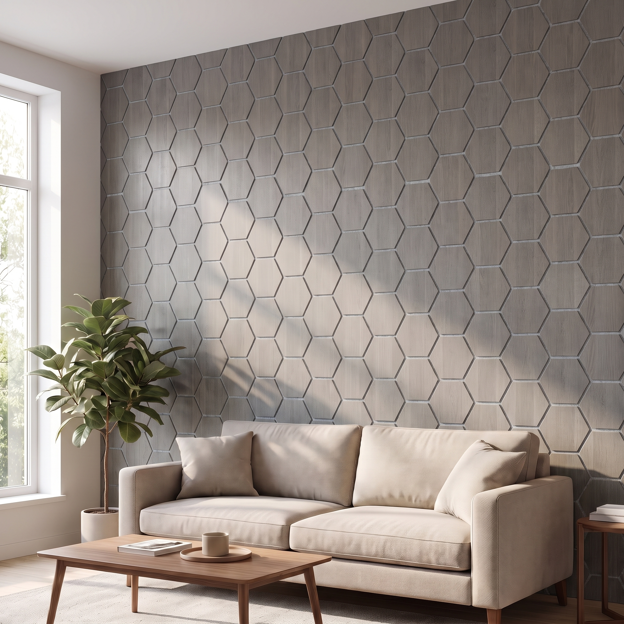 Hexagon grey walnut with grey felt wall panel in a living room