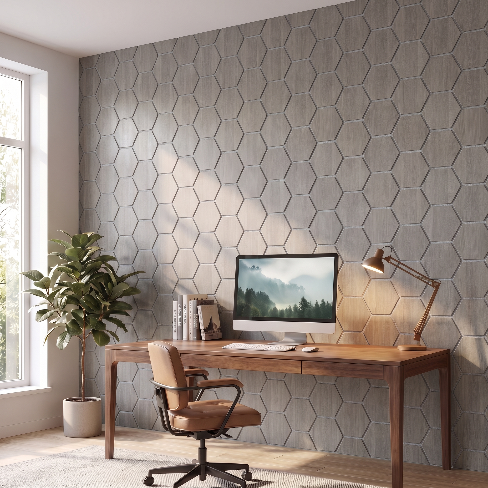 Hexagon grey walnut with grey felt wall panel in a home office