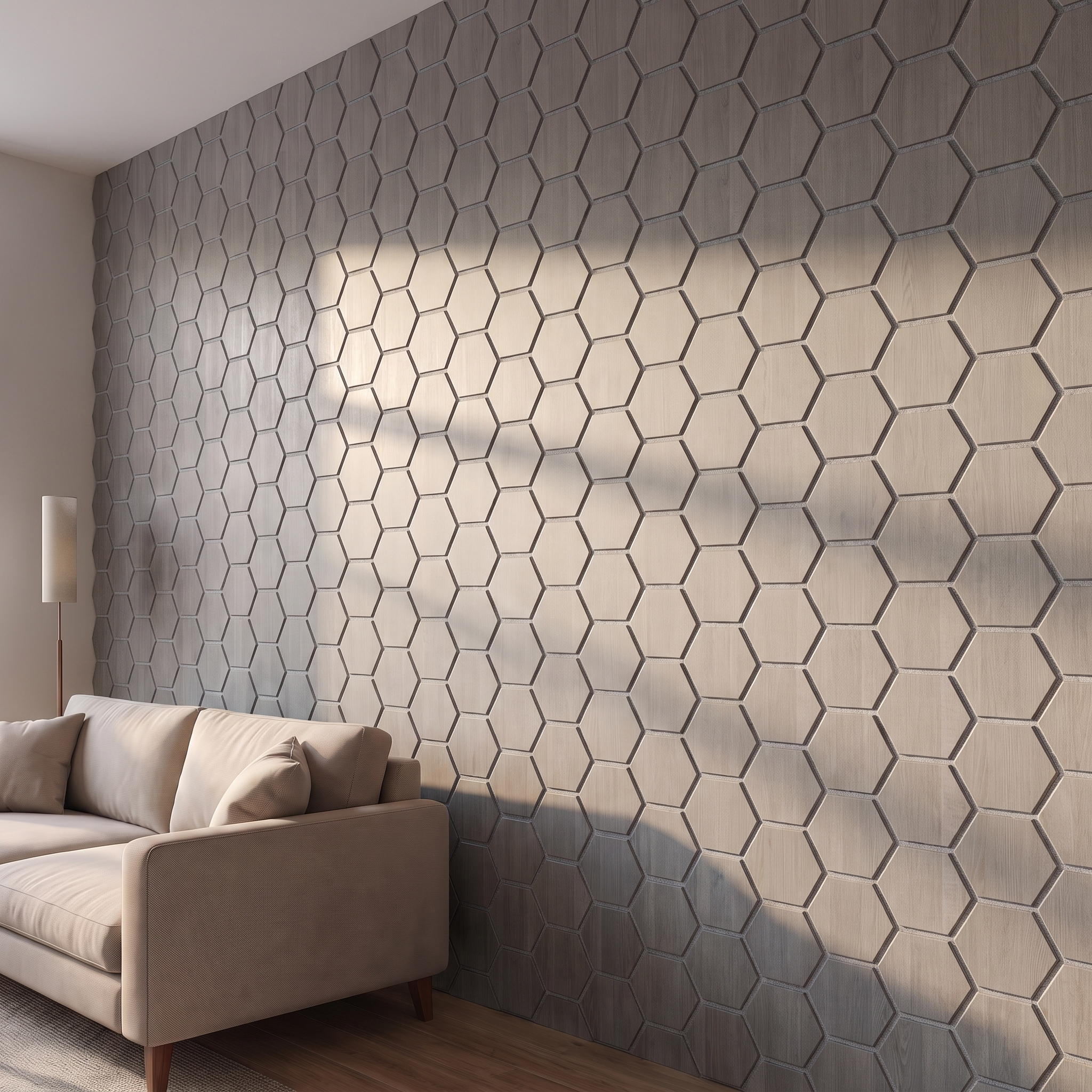 Hexagon grey walnut with grey felt wall panel side view