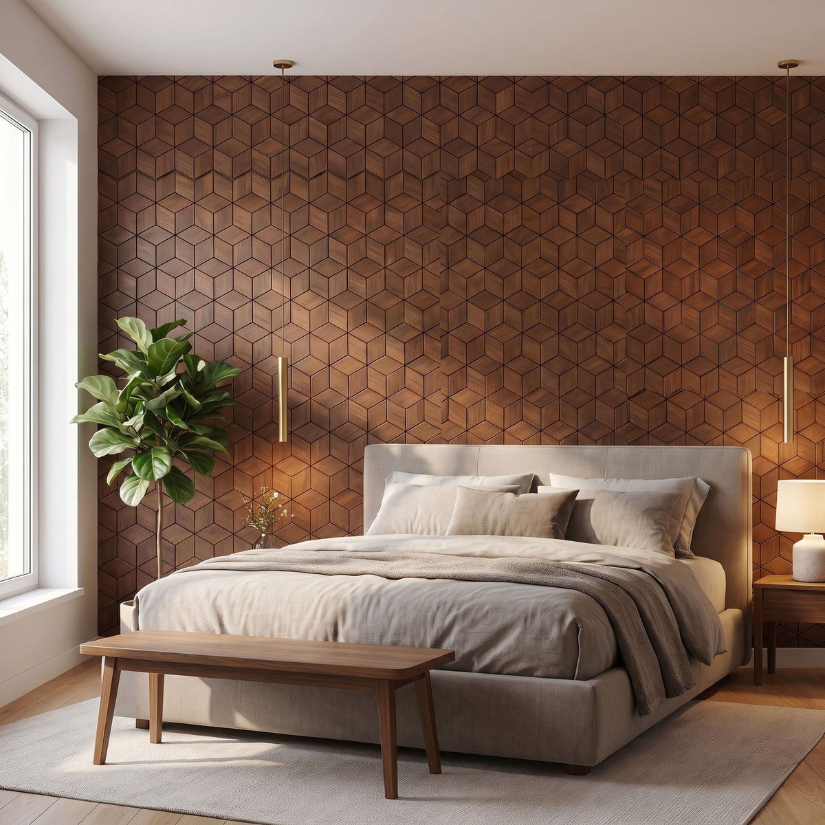 Lobelia Smoked Brown decorative wall panel behind the bed in a bedroom