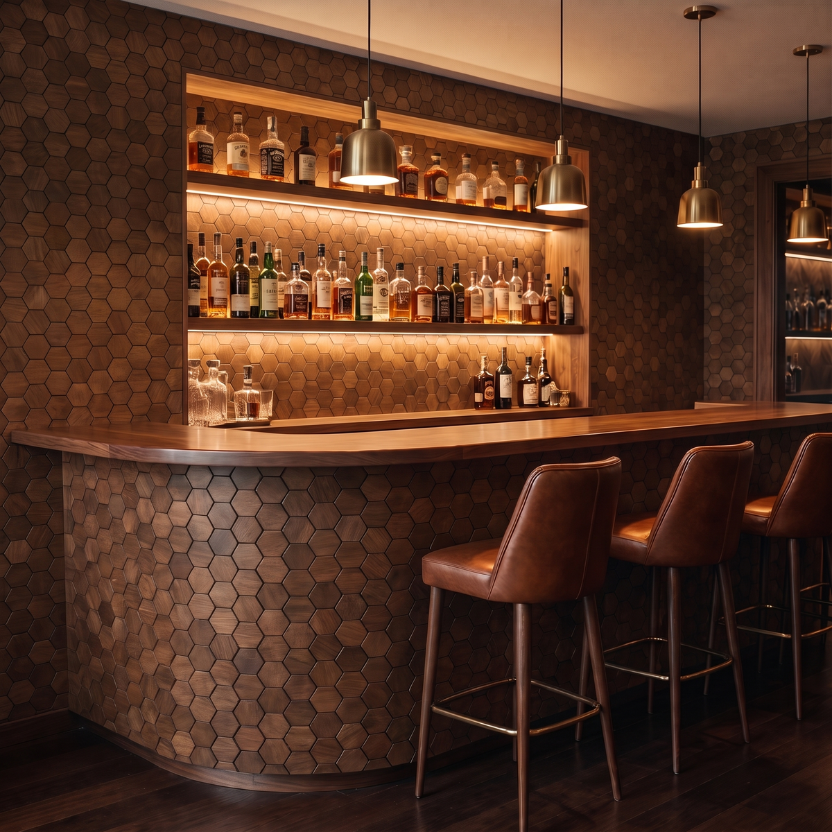 Snowdrop Smoked Brown decorative wall panel as a bar back wall