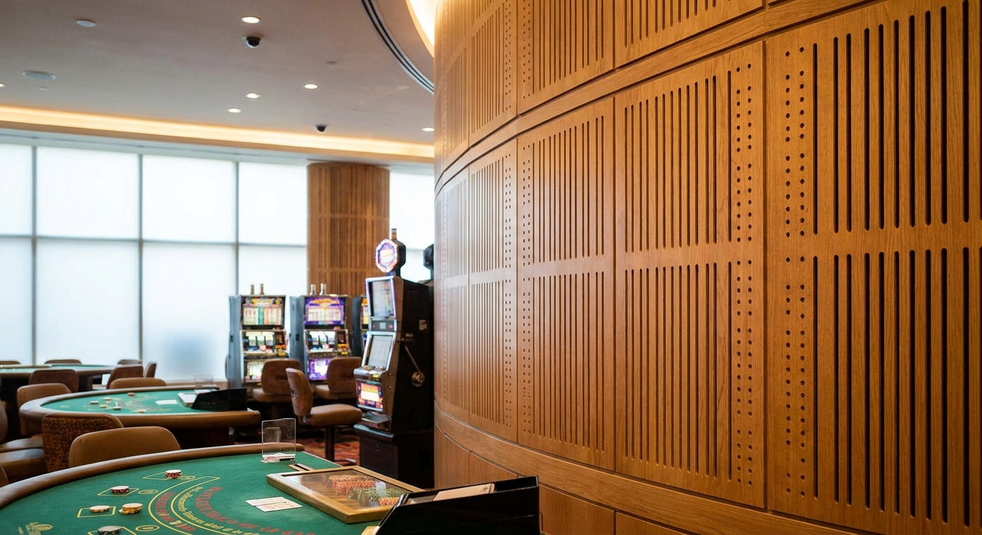 Acoustic wood panels for casino gaming floors