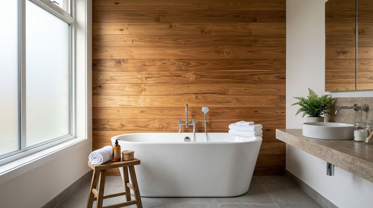 Teak wall panels for bathroom feature walls