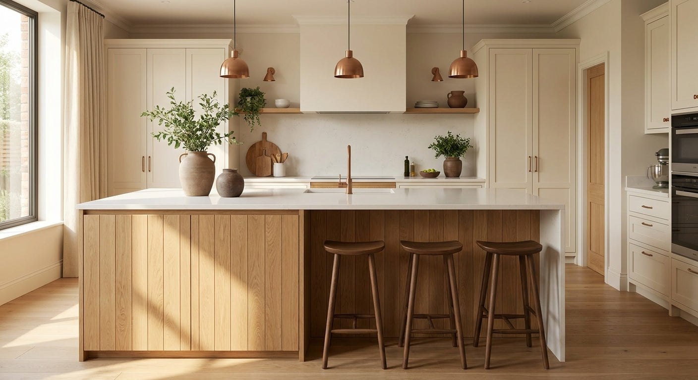 Natural oak panels for open-plan kitchen islands