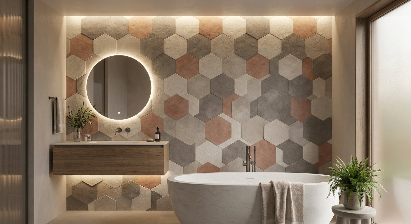 Hexagon wall panels for bathroom feature walls