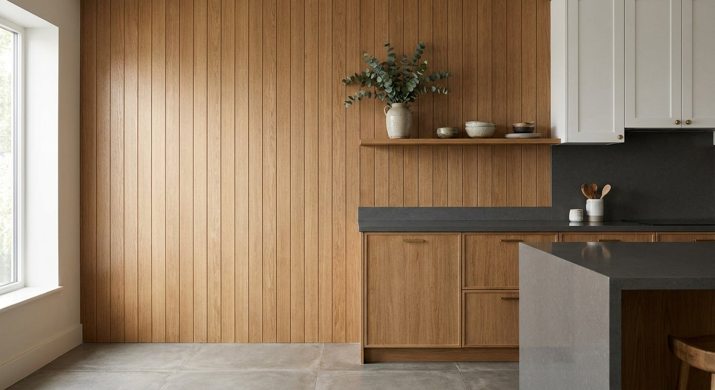 Wooden wall panels for kitchen feature walls
