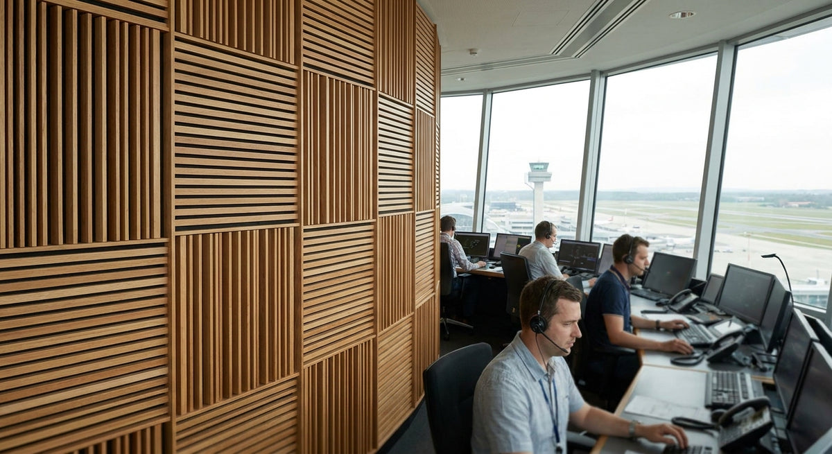 Acoustic wood panels for air traffic control room walls