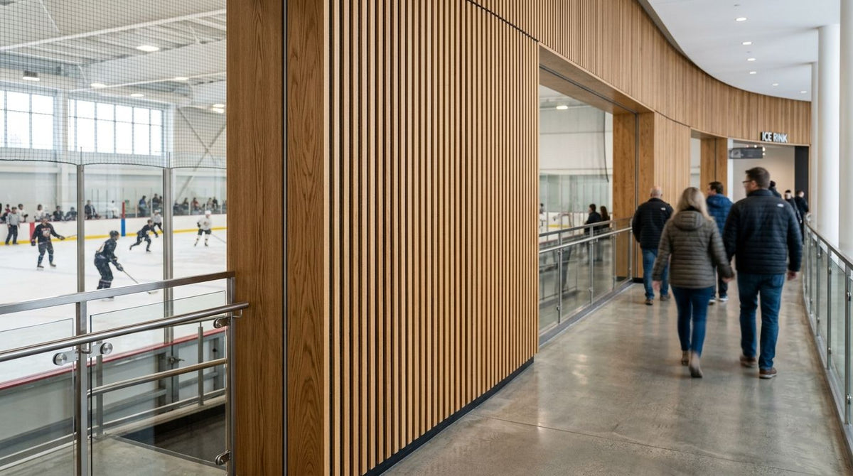 Acoustic wood panels for ice rink concourse walls