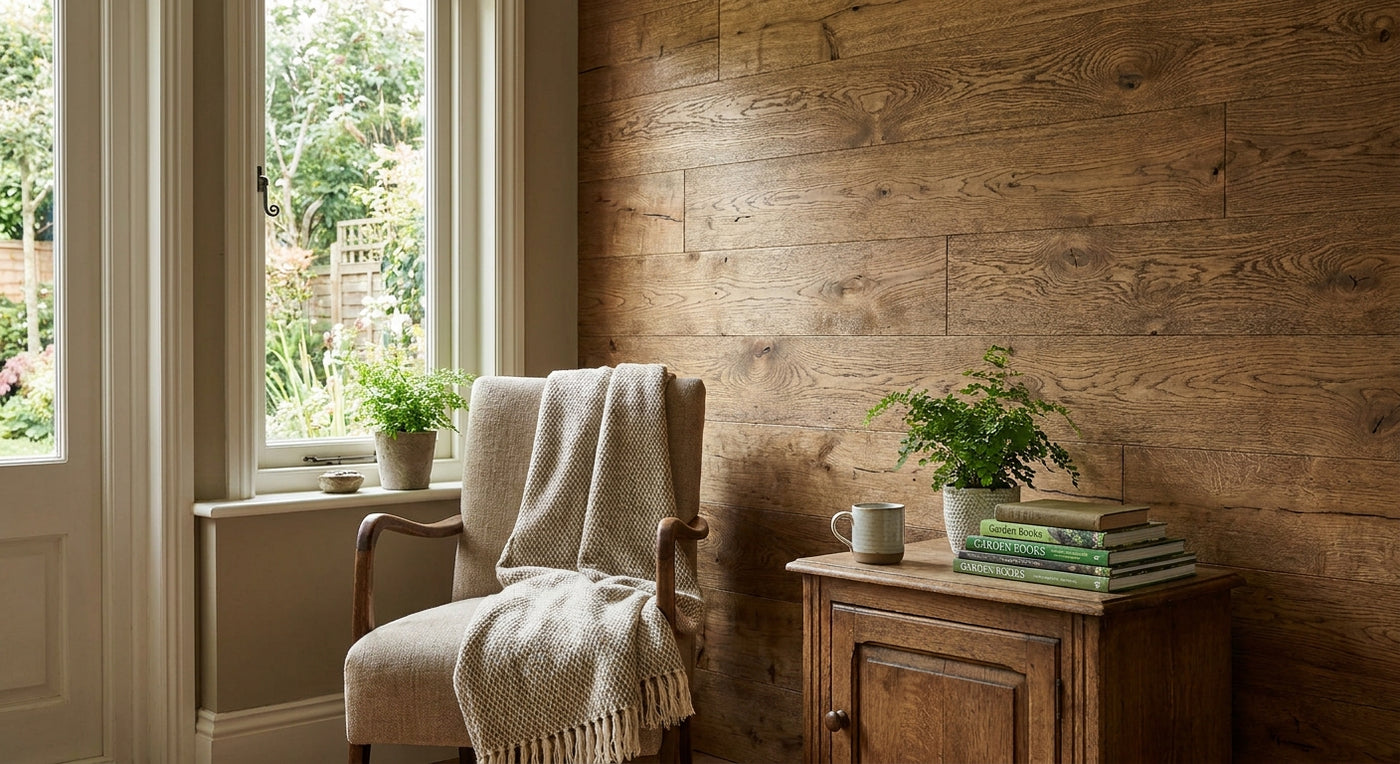 Rustic oak panels for garden room interior walls