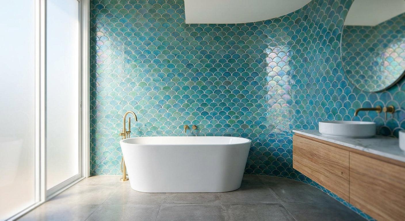 Fish scale mosaic tiles for bathroom feature walls