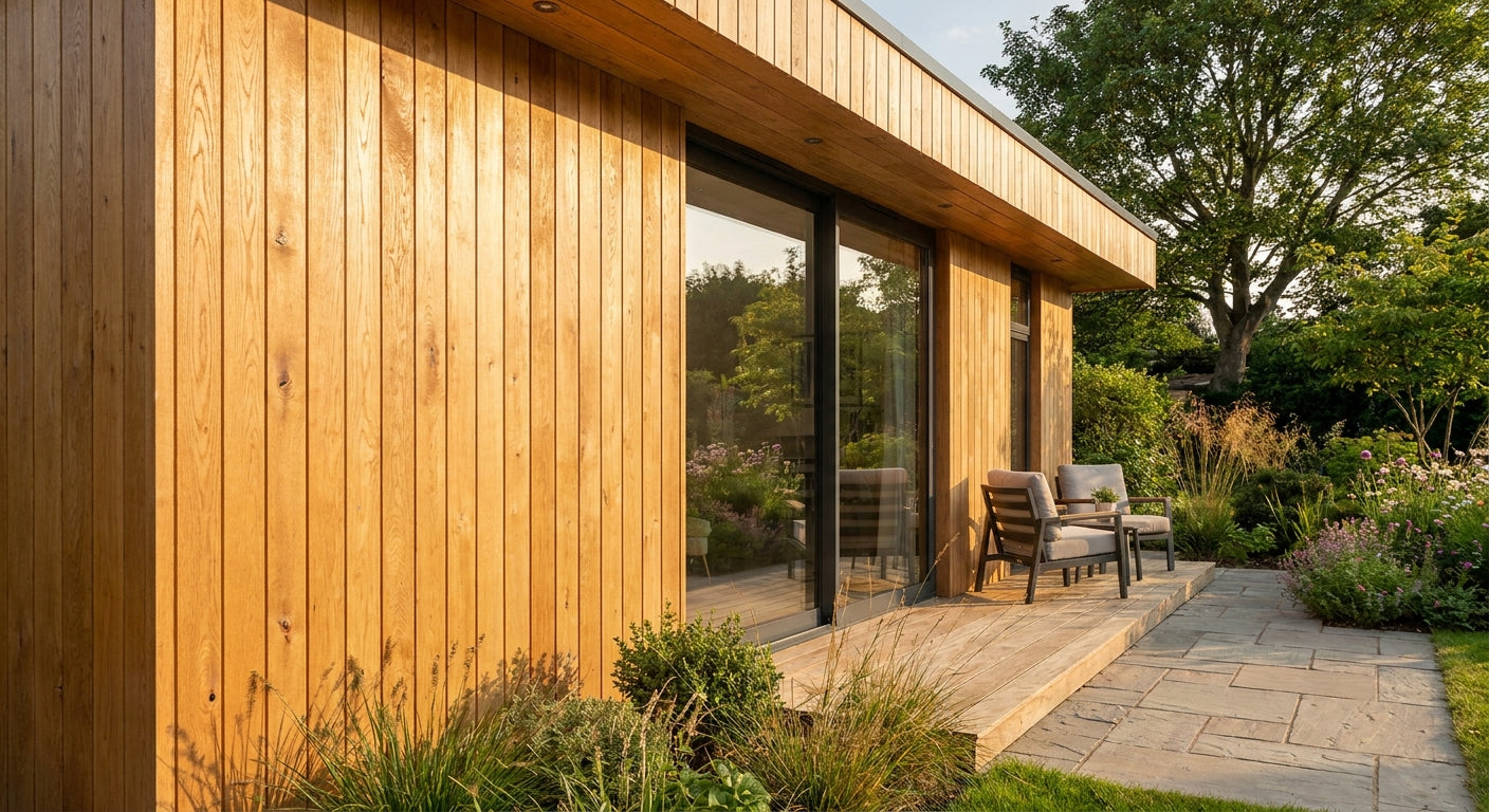 Natural oak cladding panels for garden room exterior walls