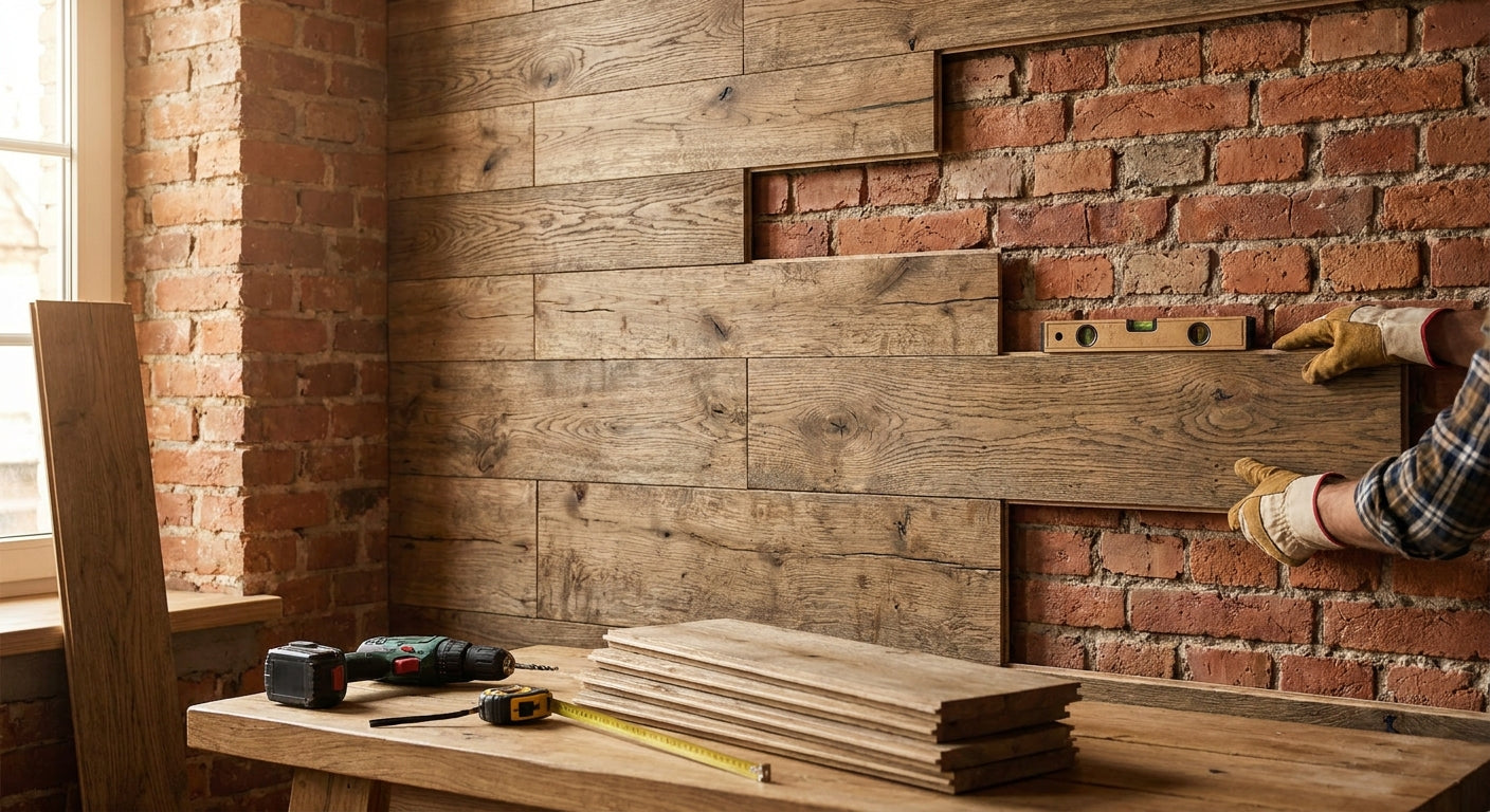 How to install rustic oak wall panels on a brick wall