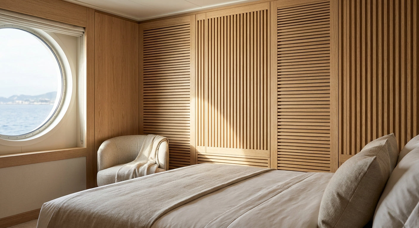Acoustic wood panels for cruise ship cabin interiors