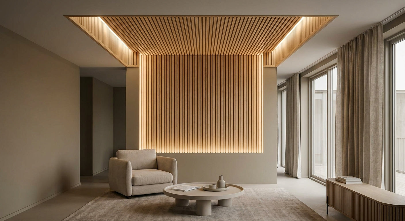 Wooden slat panels for ceiling alcoves and recessed bays