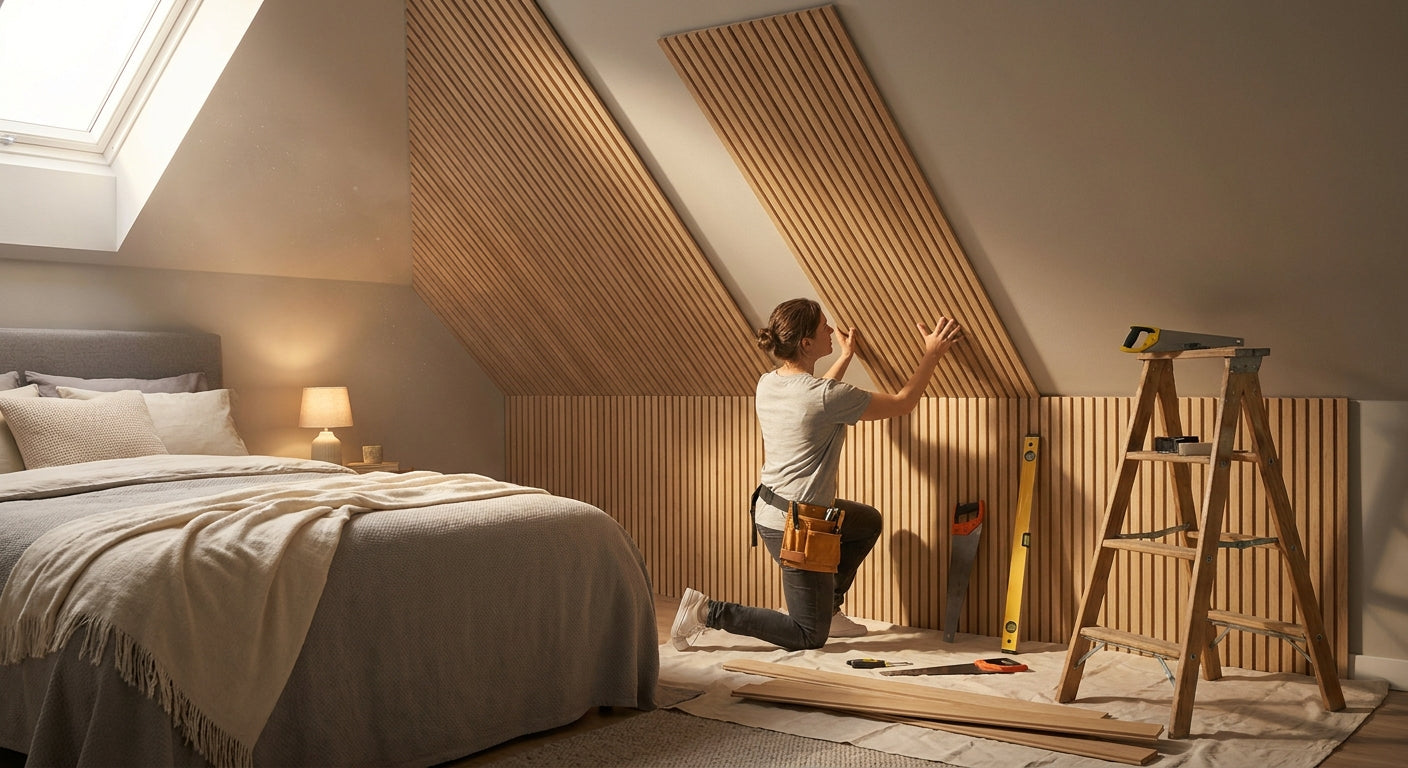 How to panel a sloped attic wall with wood slat panels