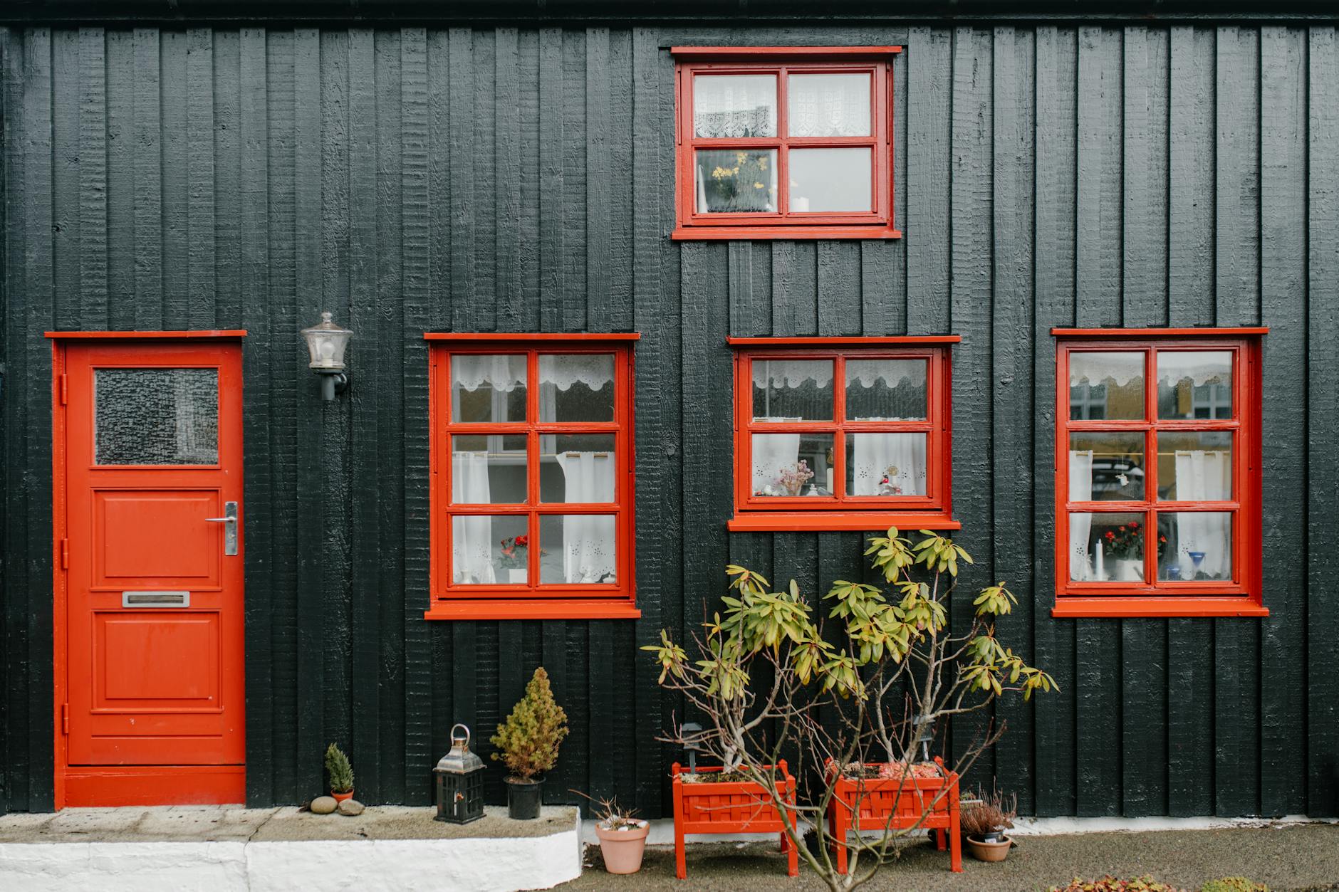 Front view of a traditional Icelandic black house with red doors and windows, plants in front.