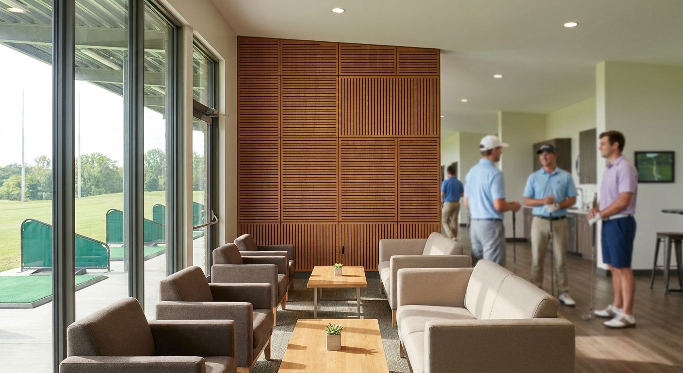 Acoustic wood panels for golf driving range clubhouses