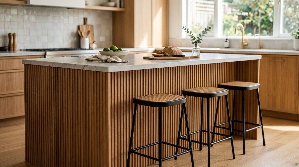 Fluted oak wall panels for kitchen island fronts