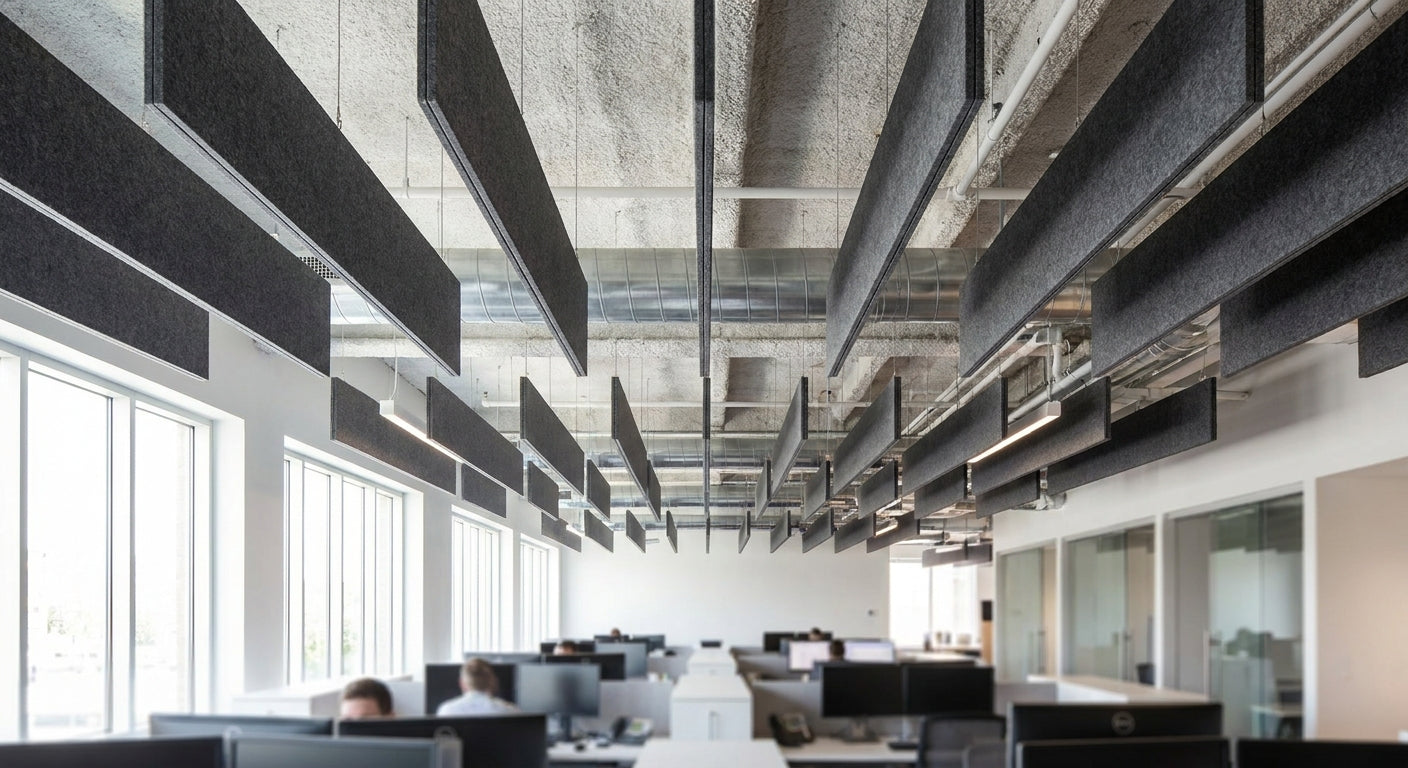 Acoustic baffle panels for open ceiling soundproofing