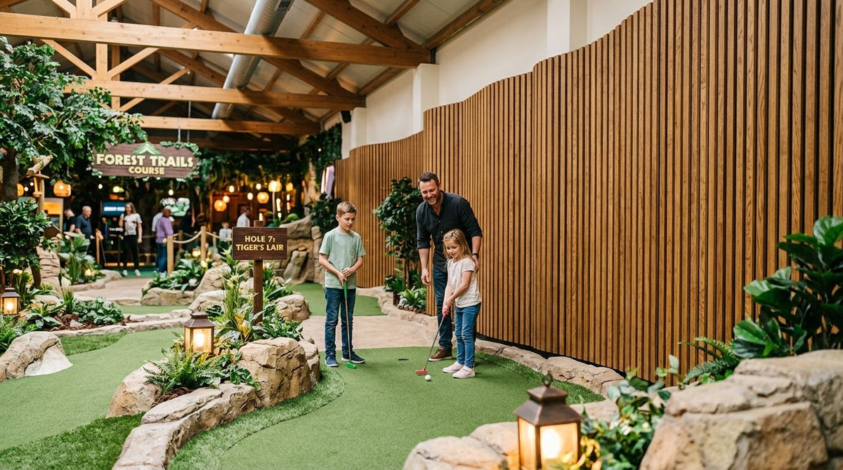 Acoustic wood panels for indoor adventure golf venues
