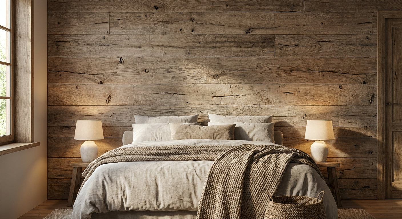 Rustic oak wall panels for bedroom headboard walls