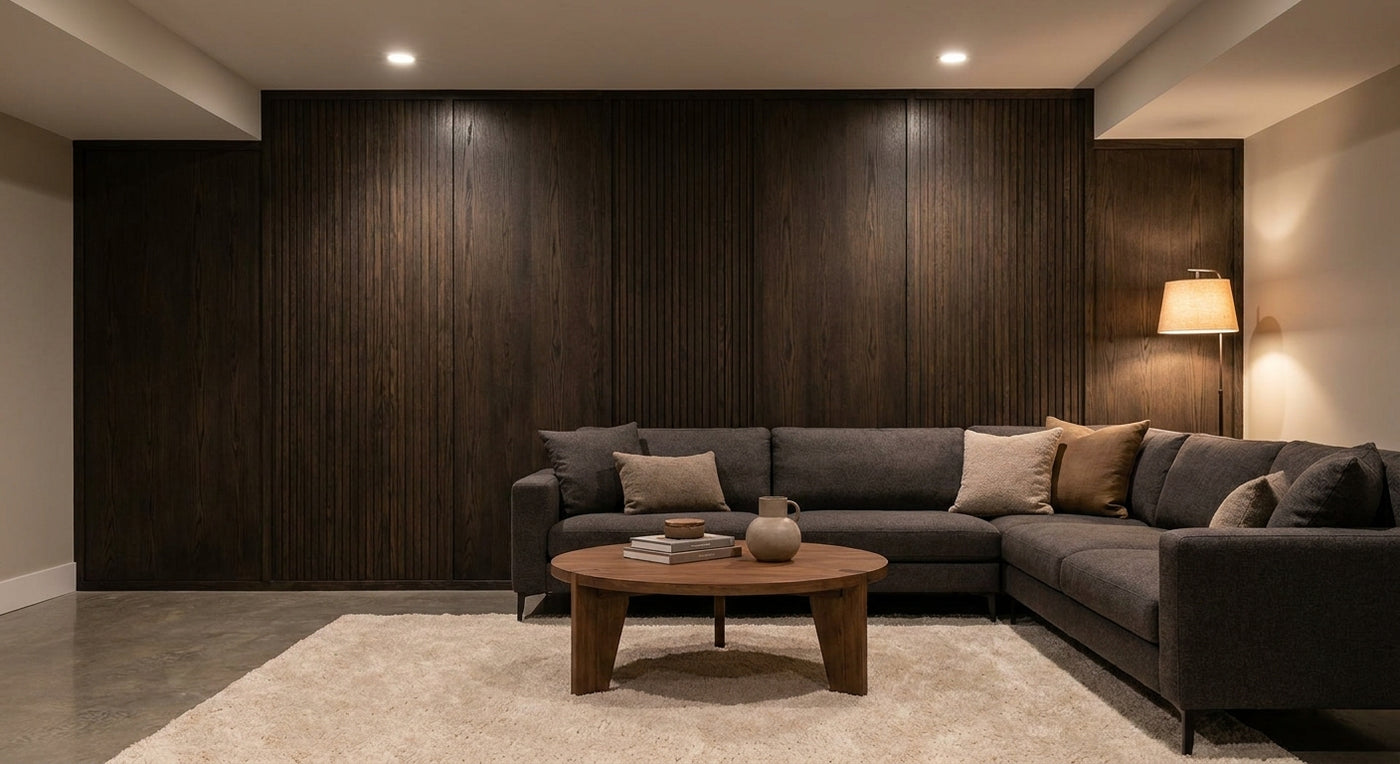 Black oak panels for basement conversion feature walls