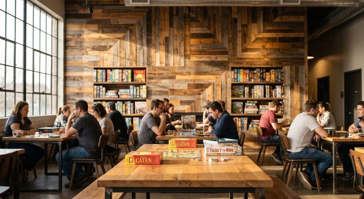 Wooden wall panels for board game cafe interiors