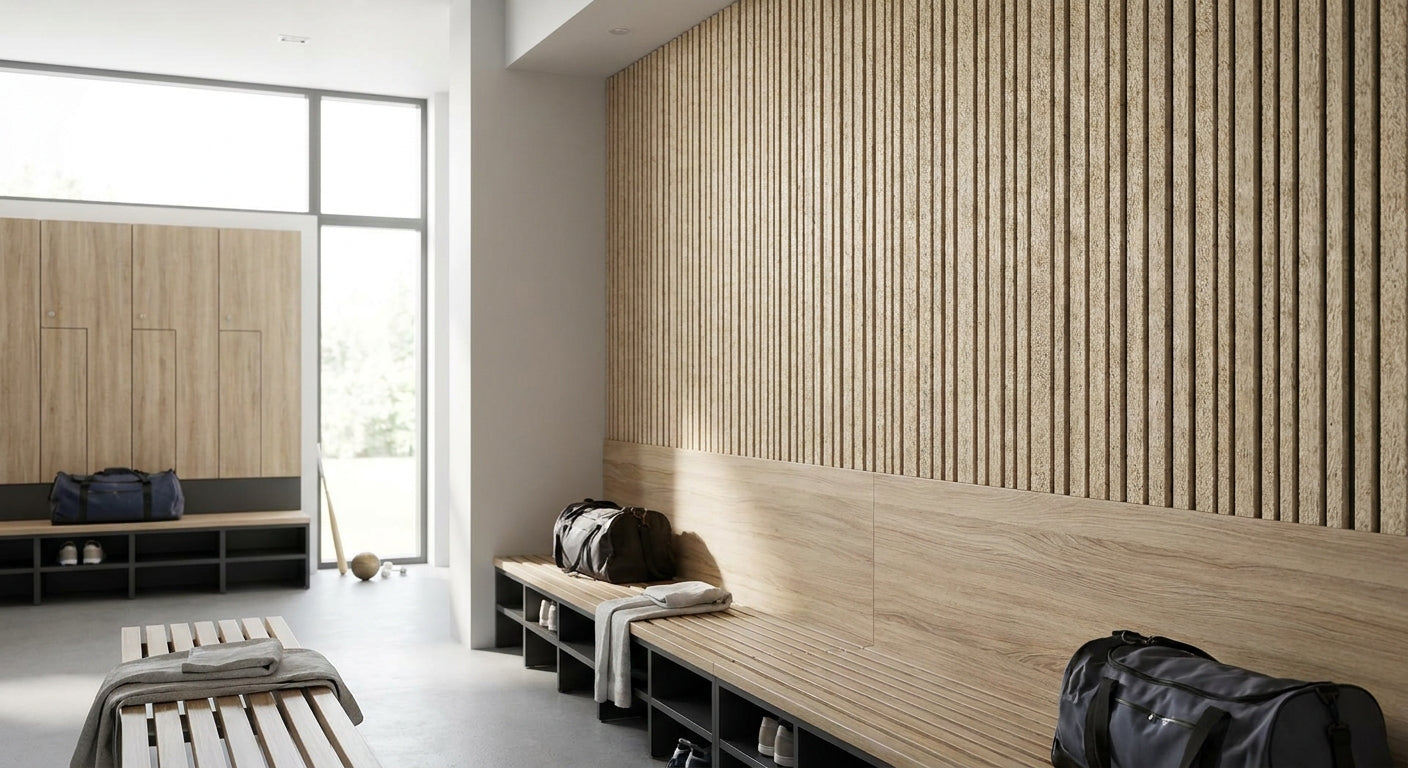 Acoustic wood panels for sports club changing rooms